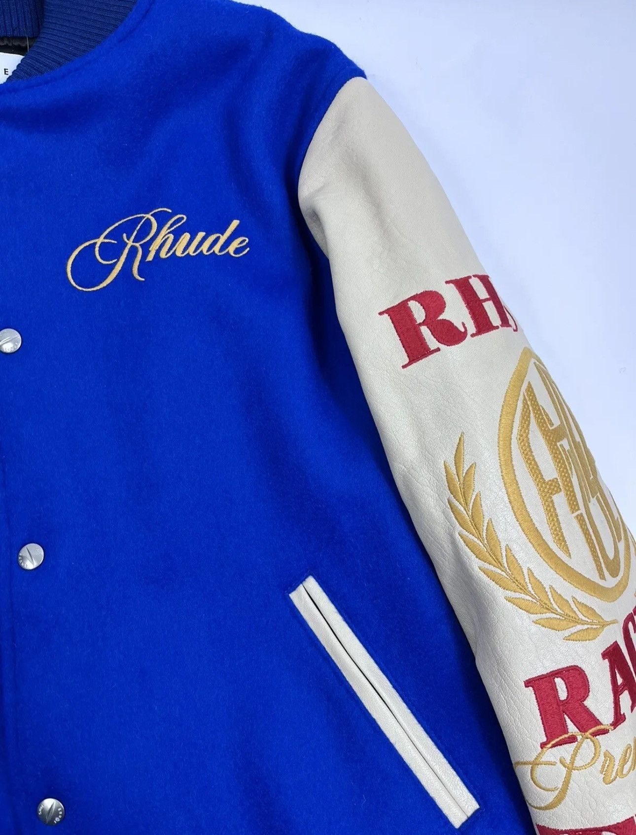 Rhude RHUDE LEATHER TRIMMED EMBROIDERED RACING VARSITY JACKET Size US M / EU 48-50 / 2 - 5 Thumbnail