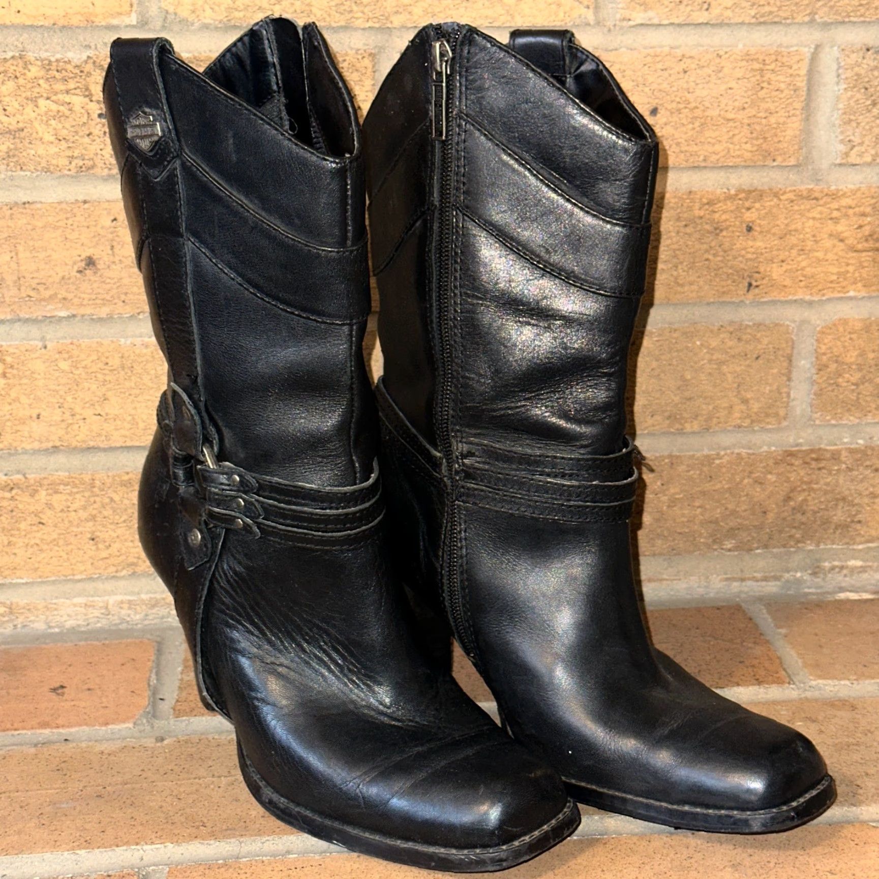 Harley Davidson Harley-Davidson Boots Womens Black Leather Mid Calf Zip Pointed Toe 9 Block Heel Motorcycle Biker D85068 Size US 9 / IT 39 - 6 Thumbnail