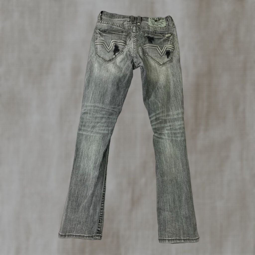 Salvage Havoc Straight Slim Jeans Mens 29R 29x31 Gray Distressed Stretch Denim 5-Pocket Logo Button Zip Slimming Vintage: No