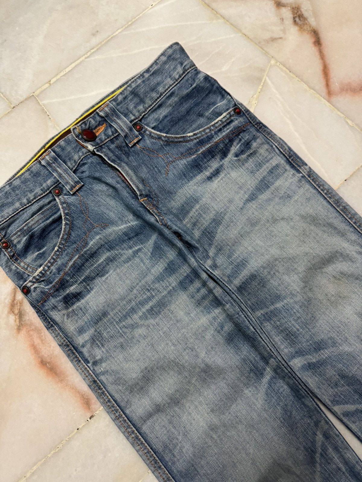 Edwin ⚡️FLARED⚡️VINTAGE EDWIN BLUE TRIP 503 RARE HONEYCOMB MUDPUNK Size US 29 - 5 Thumbnail