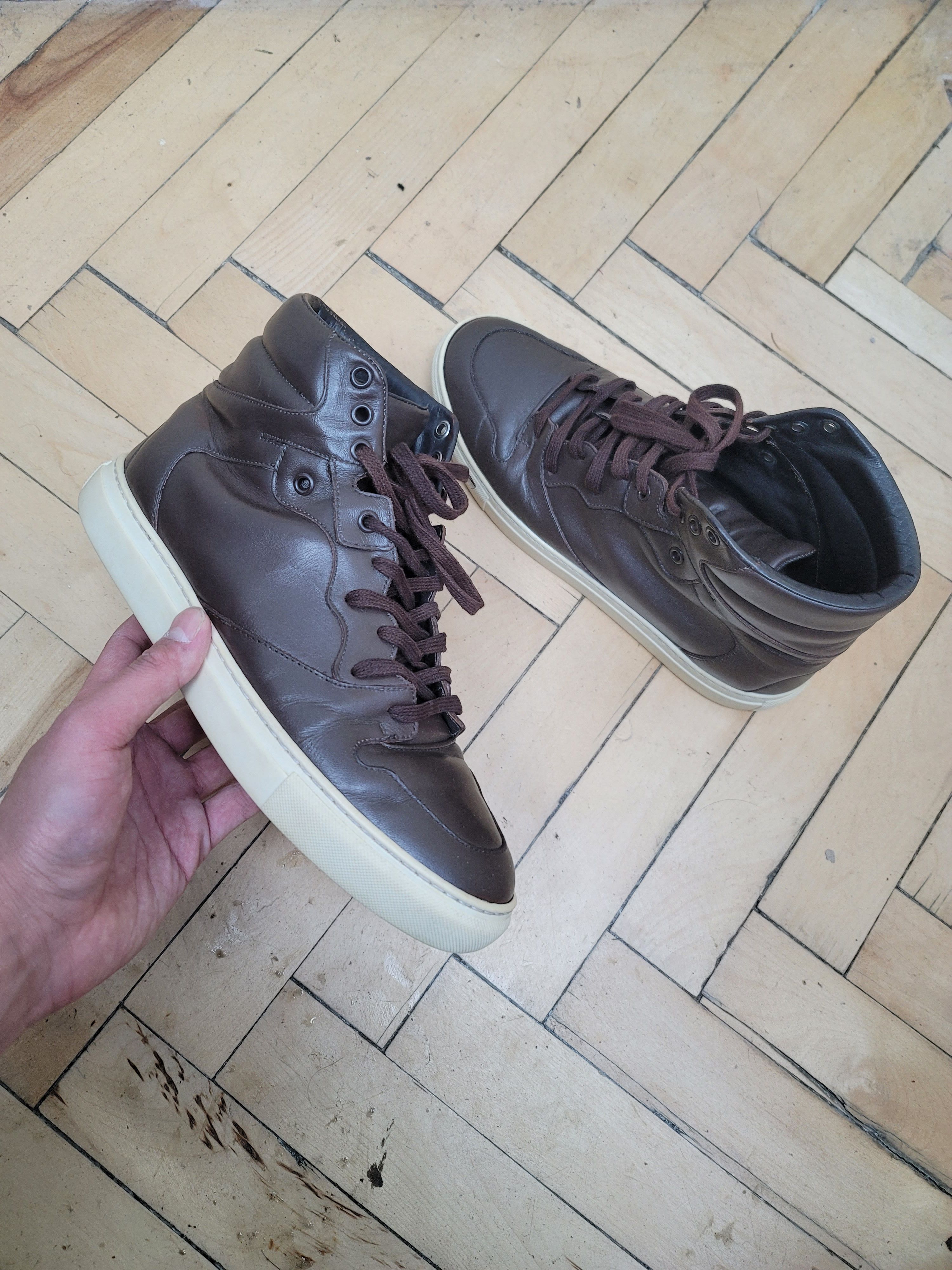 image of Balenciaga Hi Top Leather Sneakers Size 41 in Brown, Men's