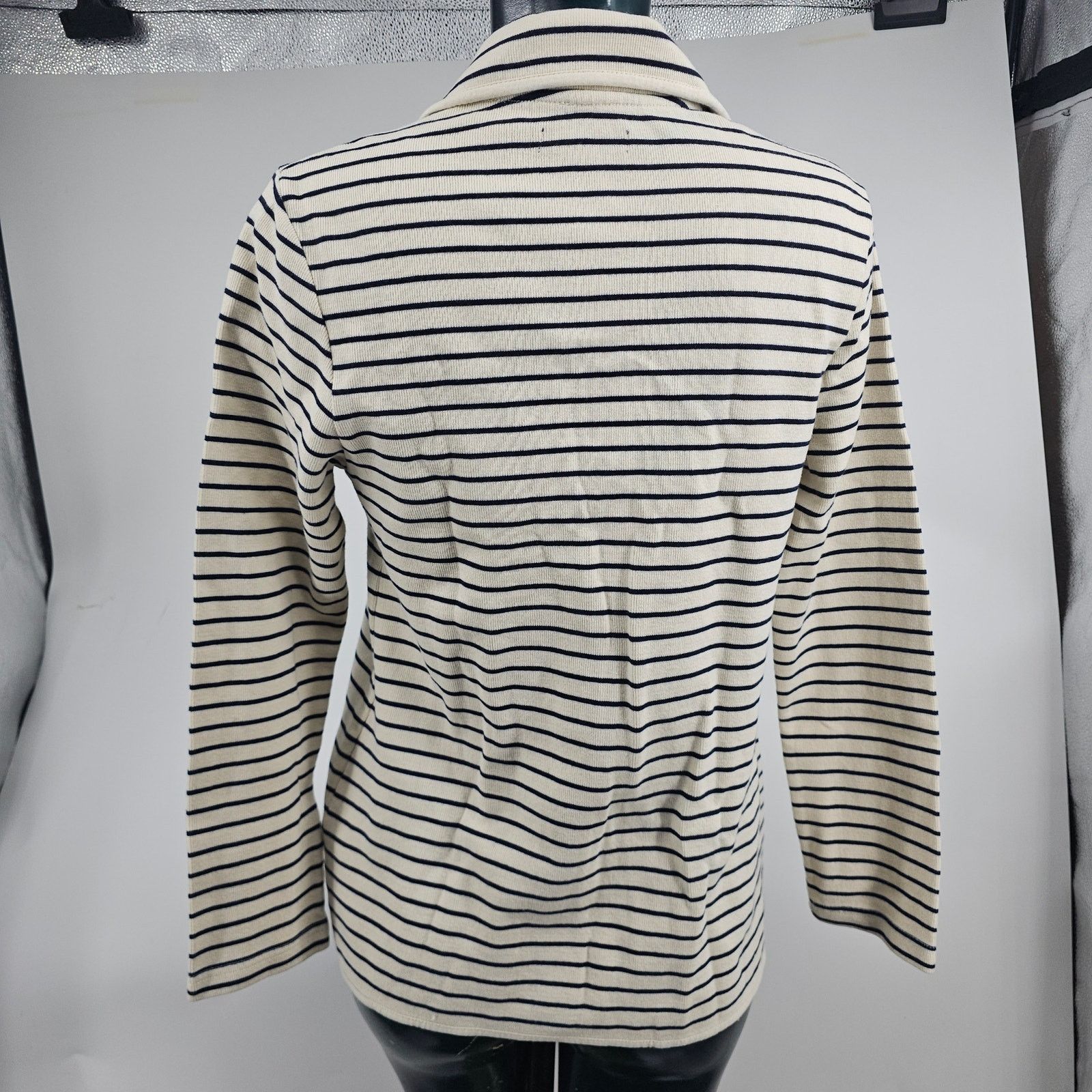 Chaps Ralph Lauren Chaps Striped Preppy Knit Blazer Jacket Cream Navy M 3613 Size M / US 6-8 / IT 42-44 - 2 Thumbnail
