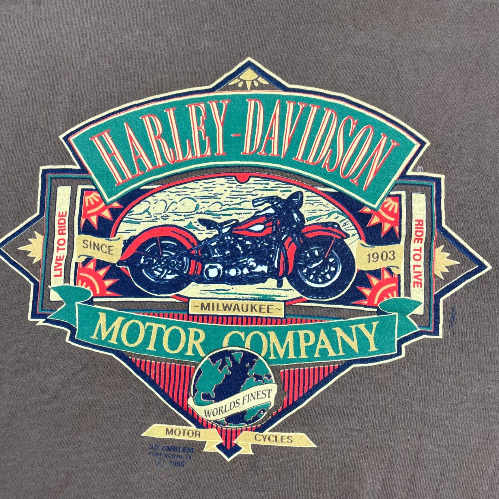 Harley Davidson VINTAGE Harley-Davidson T-Shirt 1990 3D Emblem Live To Ride Single Stitch Brown Large Mens USA 90s Biker Graphic Tee Shirt Size US L / EU 52-54 / 3 - 3 Thumbnail