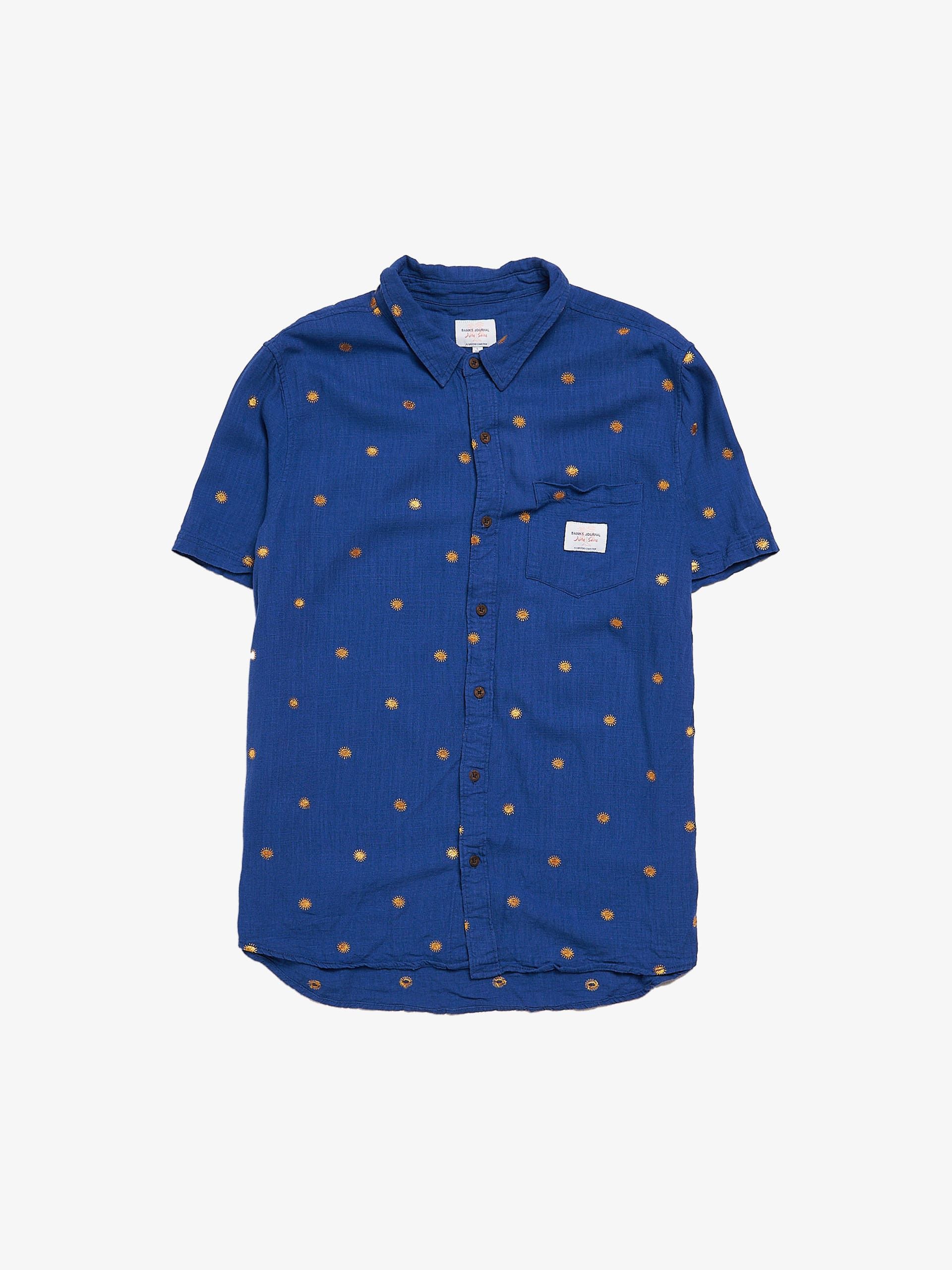 image of Vintage Banks Journal Blue Flowers Printed Cotton Buttoned Shirt, Men's (Size Large)
