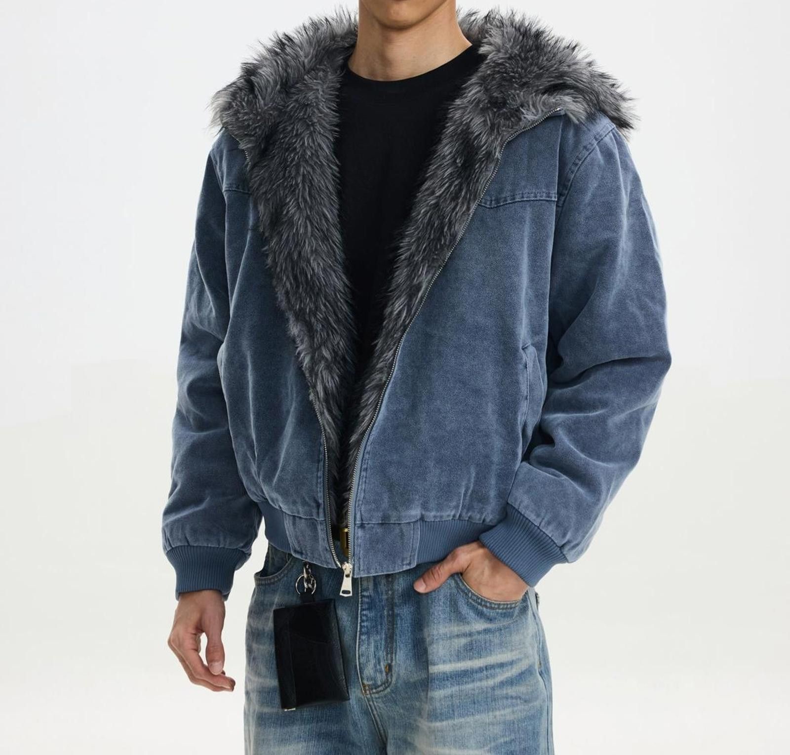 Vintage Blue Faux Fur Lined Bomber Jacket, Casual Menswear Outerwear Size US M / EU 48-50 / 2 - 4 Thumbnail