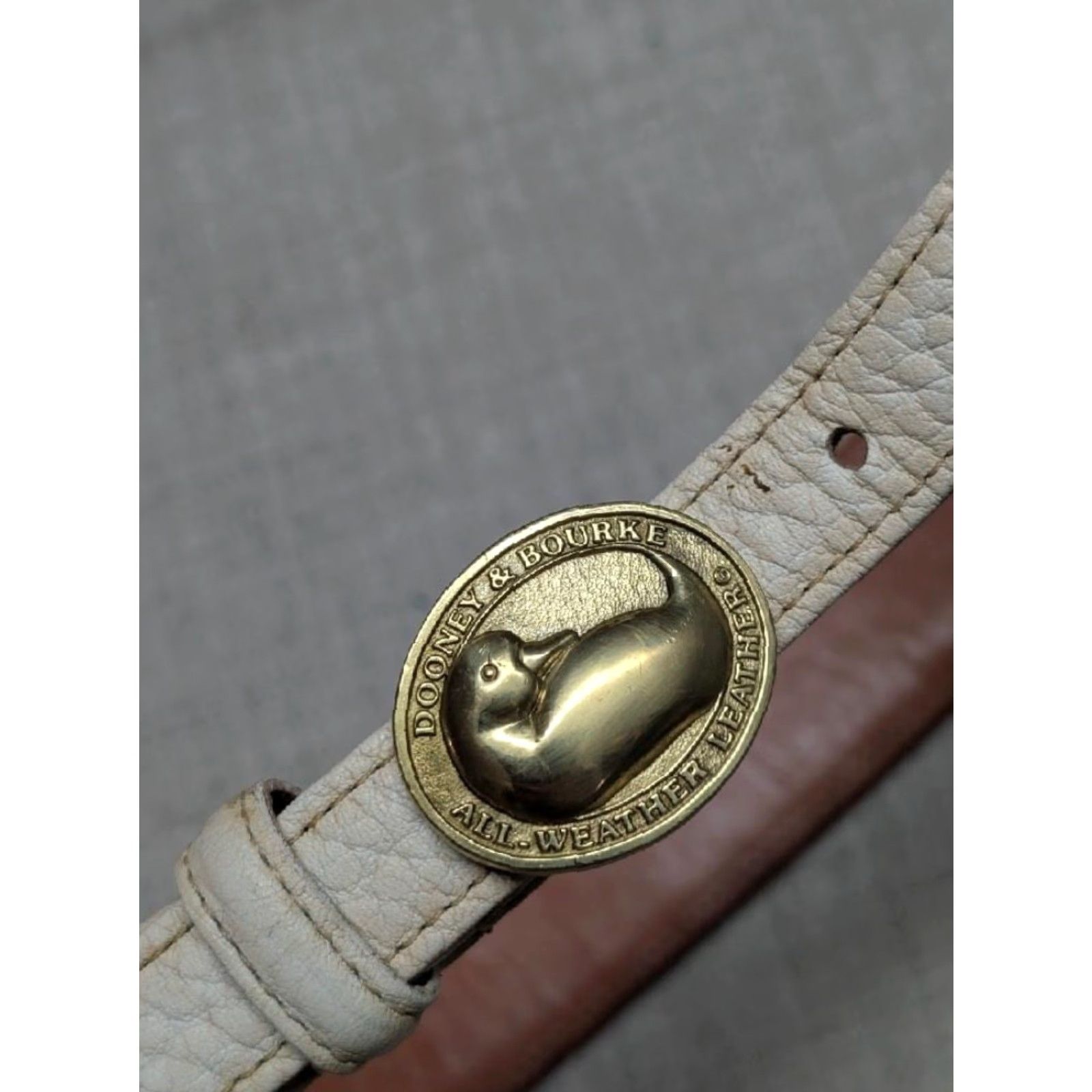 Dooney & Bourke VINTAGE Dooney & Bourke belt brass buckle 1-5/8" leather White/Cream Western Women One Size 36" total length 30.5-33.5" holes Mens Womens Girls Boys Size ONE SIZE - 4 Thumbnail