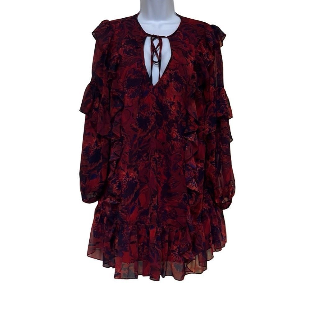 image of 5A7 Cinq A Sept Womens 6 Mini Tent Dress Black Red Floral Ru (Size Medium)