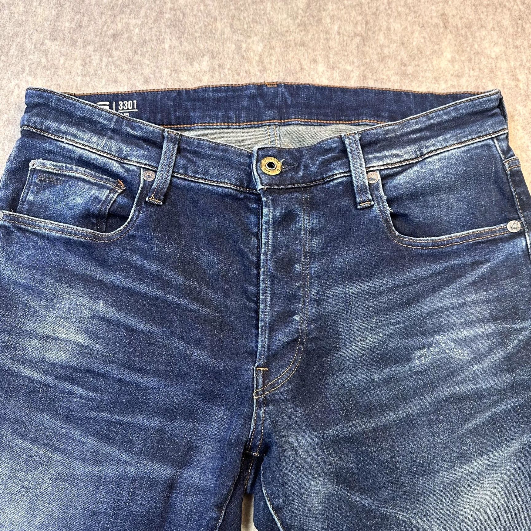 Vintage G-Star RAW 3301 Slim Jeans Mens 32x28.5 Blue Distressed Ripped Button Fly Denim Size US 32 / EU 48 - 3 Thumbnail