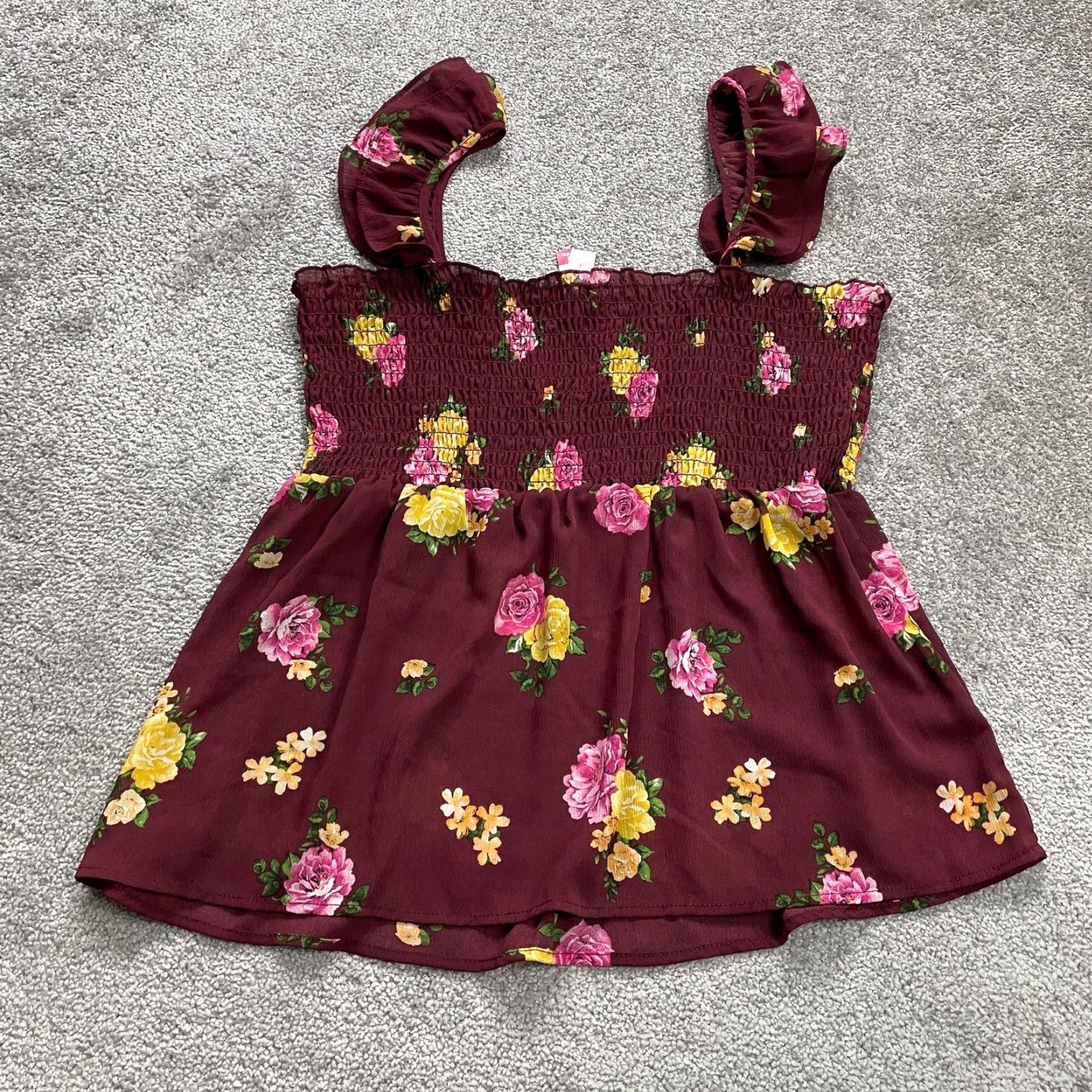 Vintage No Boundaries Smocked Floral Top Womens Juniors 2XL Maroon Sleeveless Ruffles Size XXL / US 16-18 / IT 52-54 - 2 Thumbnail