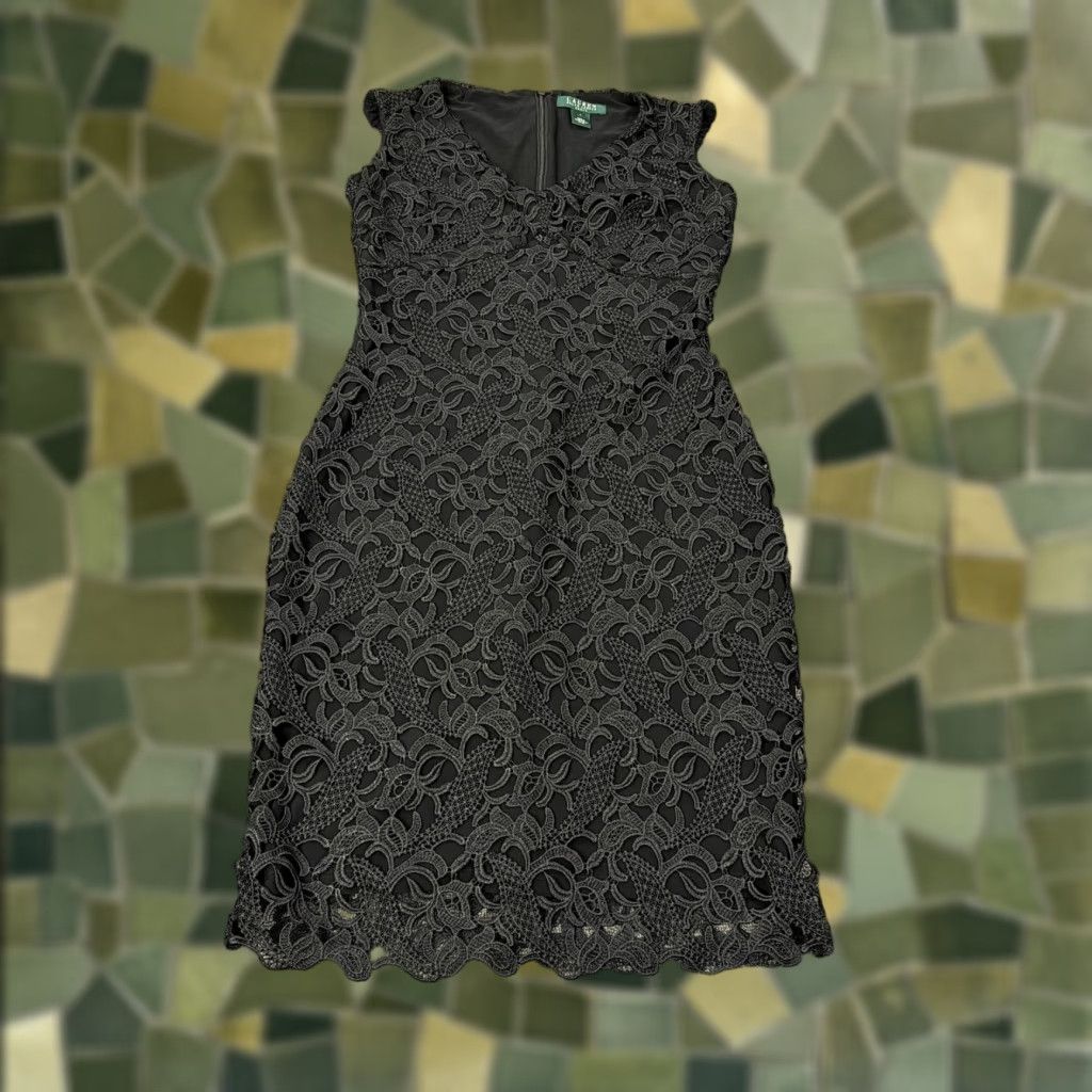Ralph Lauren Lauren Ralph Lauren Dress Womens 4 Black Floral Lace Sheath V-Neck Knee Length Cap Sleeve Zipper Embroidered Lined Party Wedding Size S / US 4 / IT 40 - 1 Thumbnail