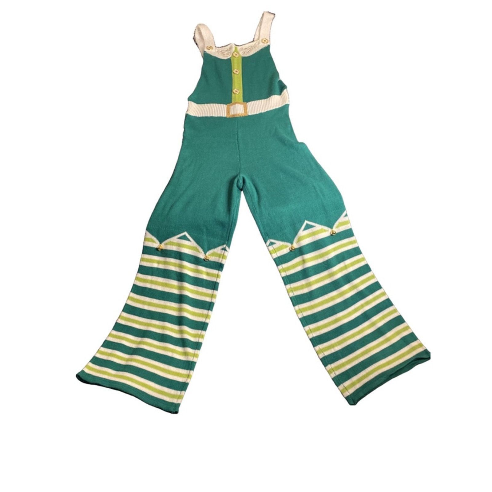 Other Y2K Striped Knit Jumpsuit Retro Green Wide Leg Overalls S Size 24" / US 00 / IT 34 - 3 Thumbnail