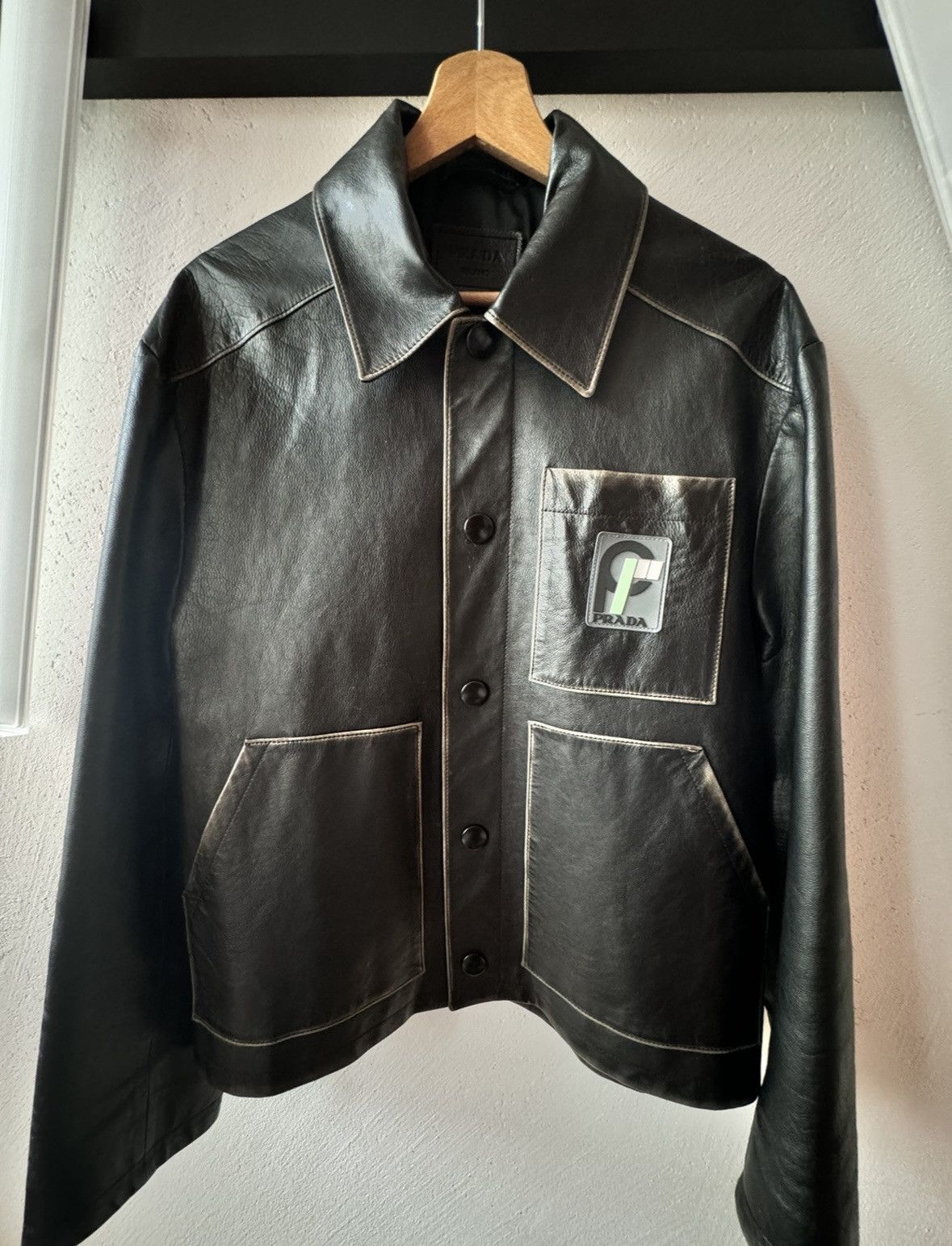 image of Prada Fw18 Vintage Effect Leather Jacket in Black, Men's (Size Medium)