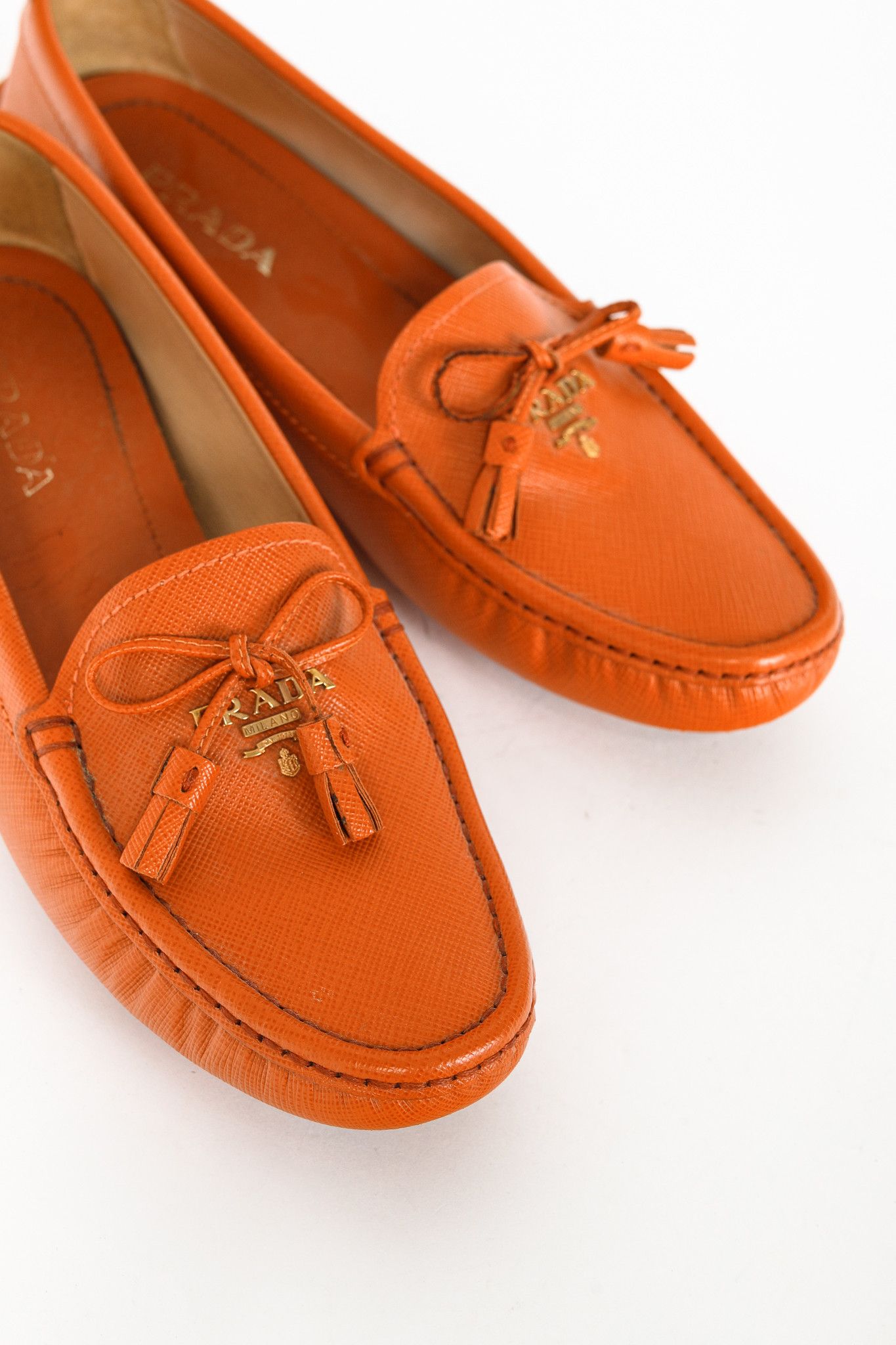 Prada Prada Orange Saffiano Leather Tassel-Bow Loafers Size US 7 / IT 37 - 7 Thumbnail