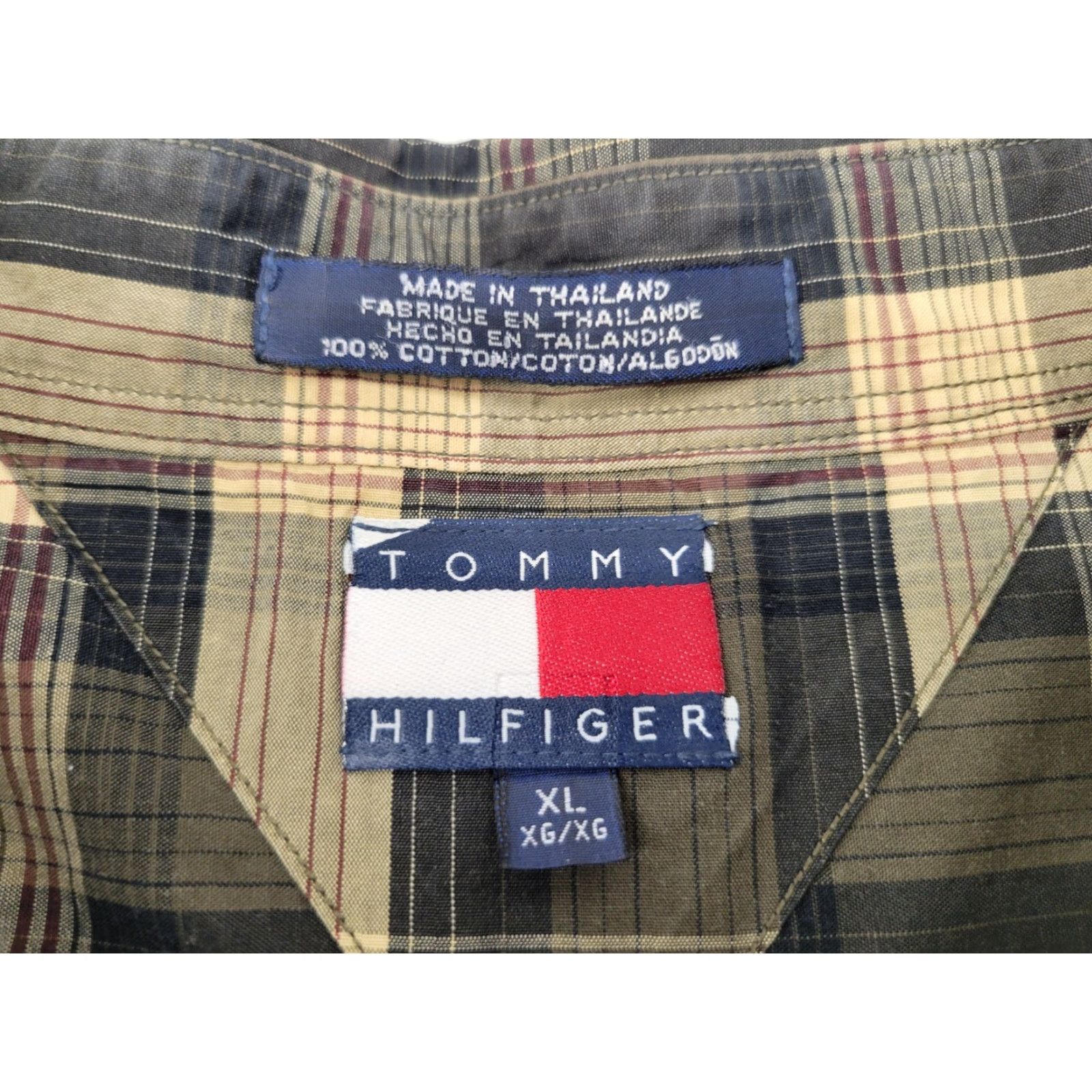 Tommy Hilfiger VINTAGE Tommy Hilfiger Plaid Button-Up Shirt XL 90s Crest Logo Cotton Tan Green Mens Shirt Size US XL / EU 56 / 4 - 8 Thumbnail