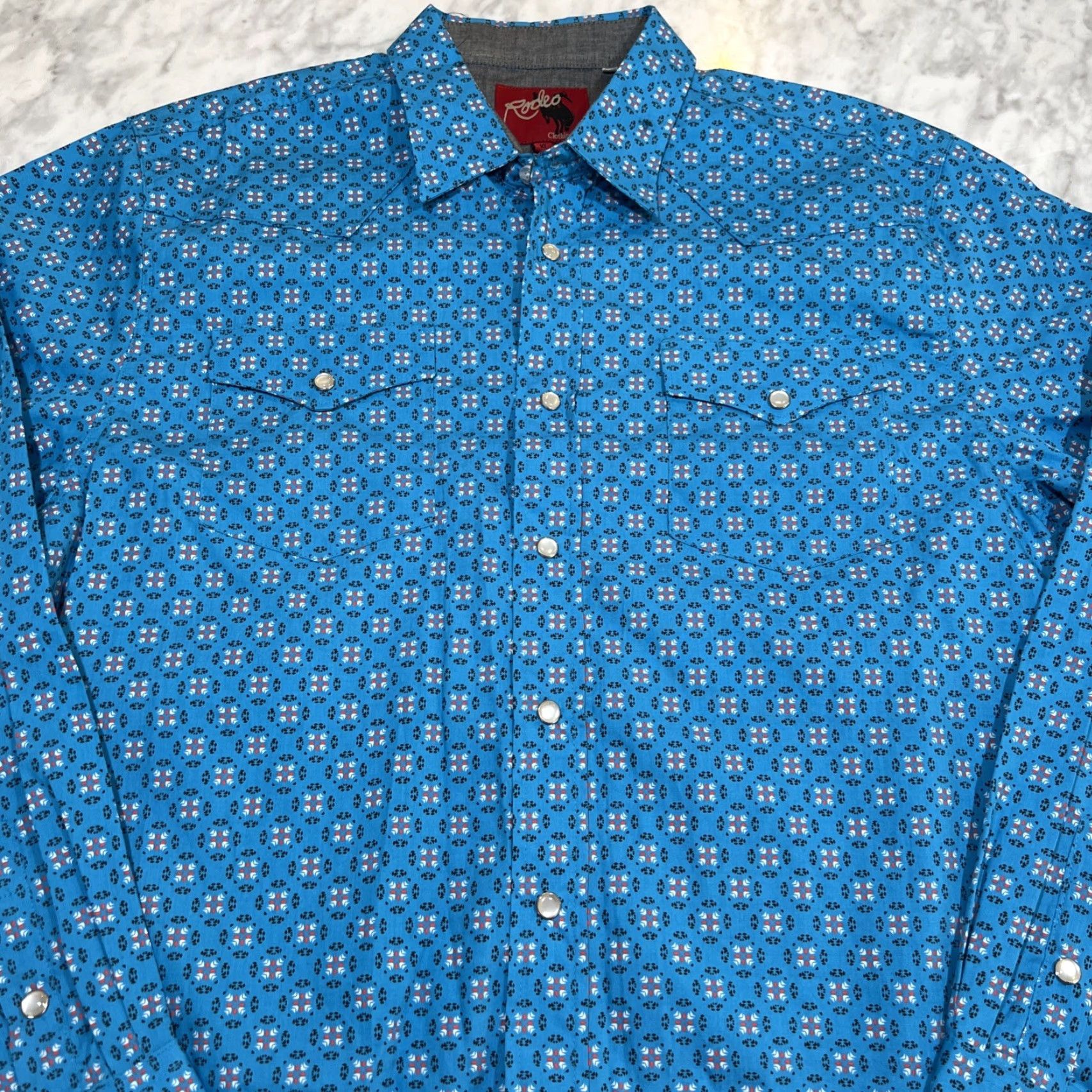 Vintage Rodeo Western Pearl Snap Shirt Men XL Long Sleeve Blue Geometric Cotton Cowboy Size US XL / EU 56 / 4 - 2 Thumbnail