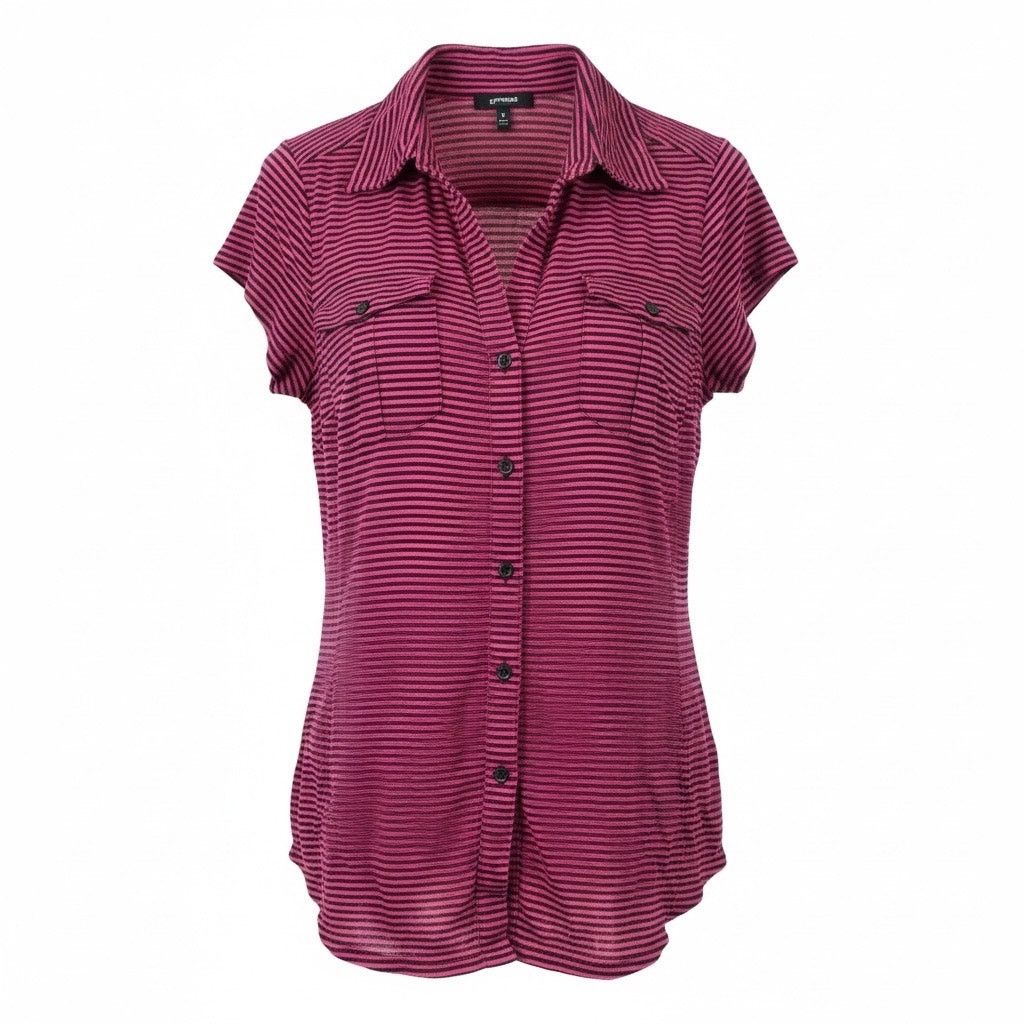 Express Express Women’s Medium 8 10 Pink Black Striped Button Front Size M / US 6-8 / IT 42-44 - 1 Thumbnail