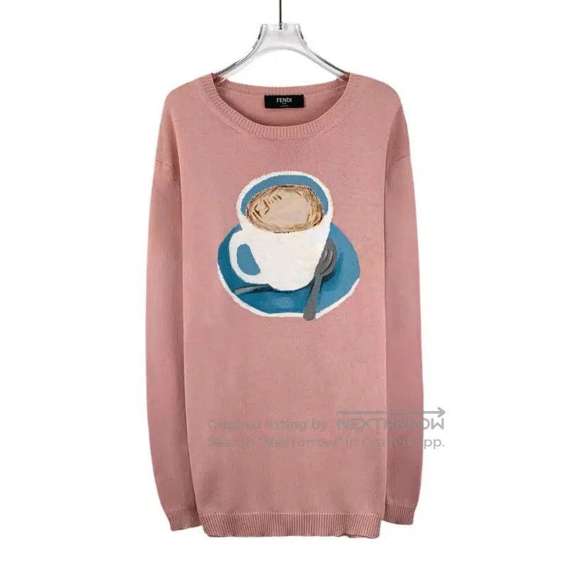 Fendi Fendi Pink Women's Knitted Sweater with Coffee Design . Size L / US 10 / IT 46 - 1 Thumbnail