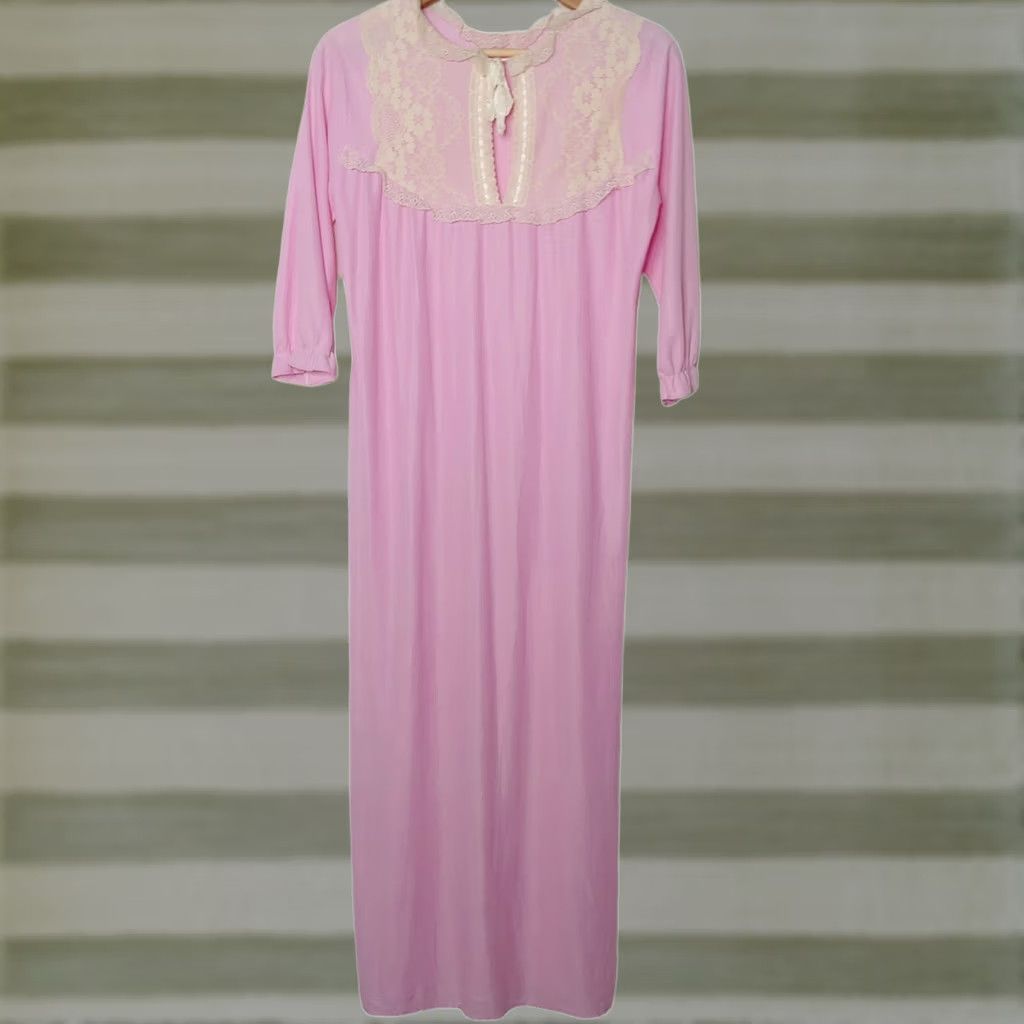 Pinko Vintage Nightgown Medium Long Pink Acetate White Lace Ribbon Tie Grannycore Size ONE SIZE - 1 Thumbnail