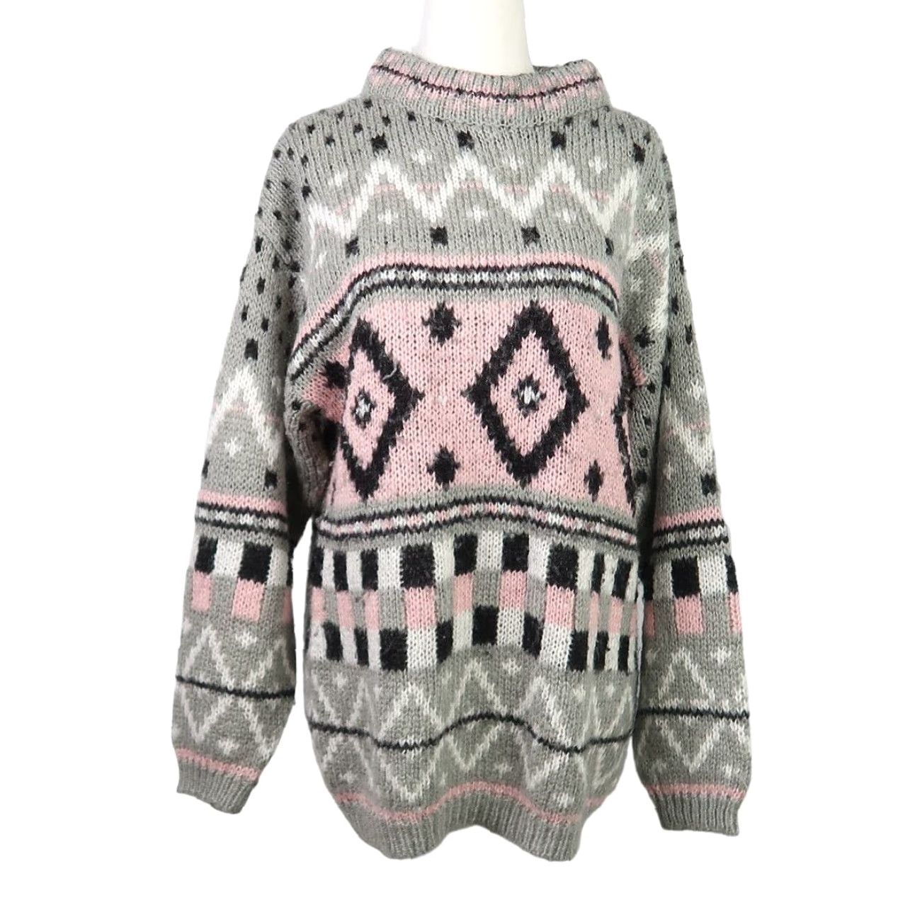 Pinko VINTAGE 80s Eber Geometric Knit Sweater Women S Light Grey Pink High Neck Pullover Long Sleeve Acrylic Geometric Pattern Fall Winter Ladies S Size S / US 4 / IT 40 - 2 Thumbnail