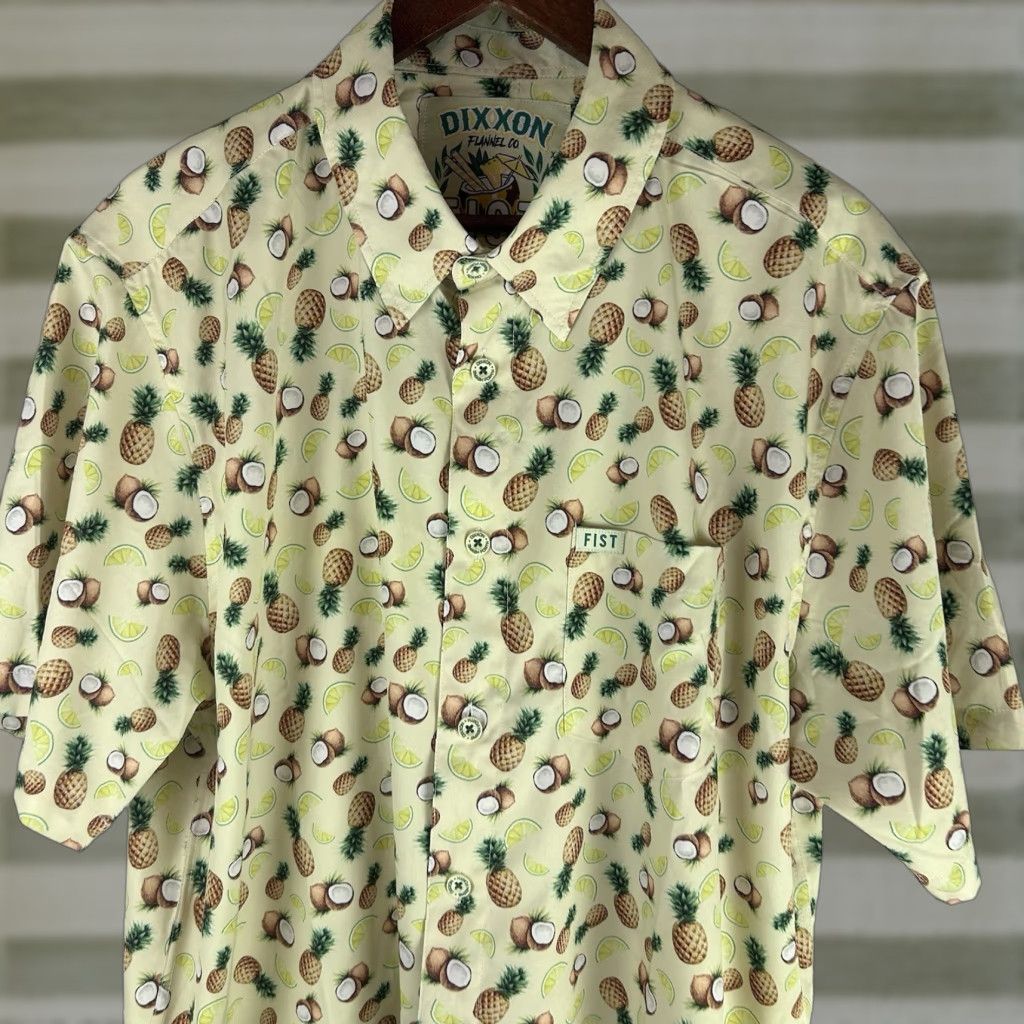 Dixxon Fist Mens XL Pina Colada Coconut Pineapple Lime Hawaiian Button Shirt