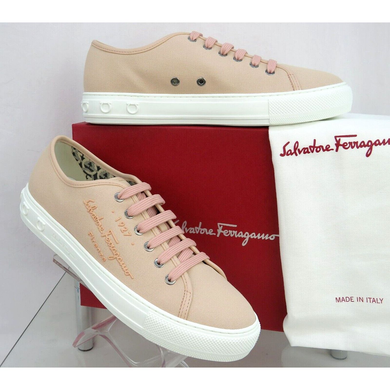 Salvatore Ferragamo MEDITERR PINK LEMONADE CANVAS LEATHER TRIM LOGO SNEAKERS 9 C Size US 9 / IT 39 - 1 Thumbnail