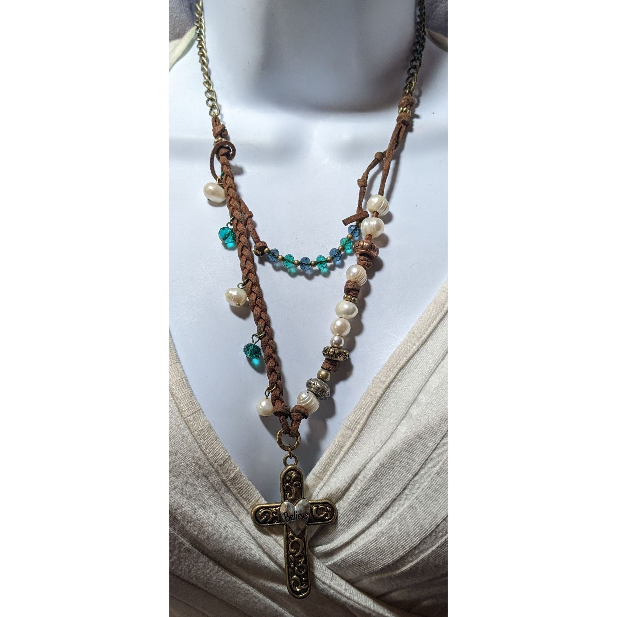Other Rustic Suede Pearl Beaded Embossed Cross Pendant Necklace Size ONE SIZE - 4 Thumbnail