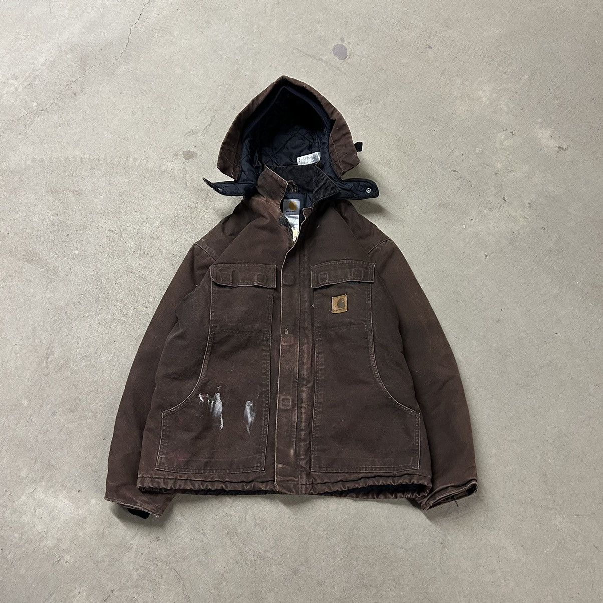 image of Brown Hooded Carhartt Jacket Size Large, Men's