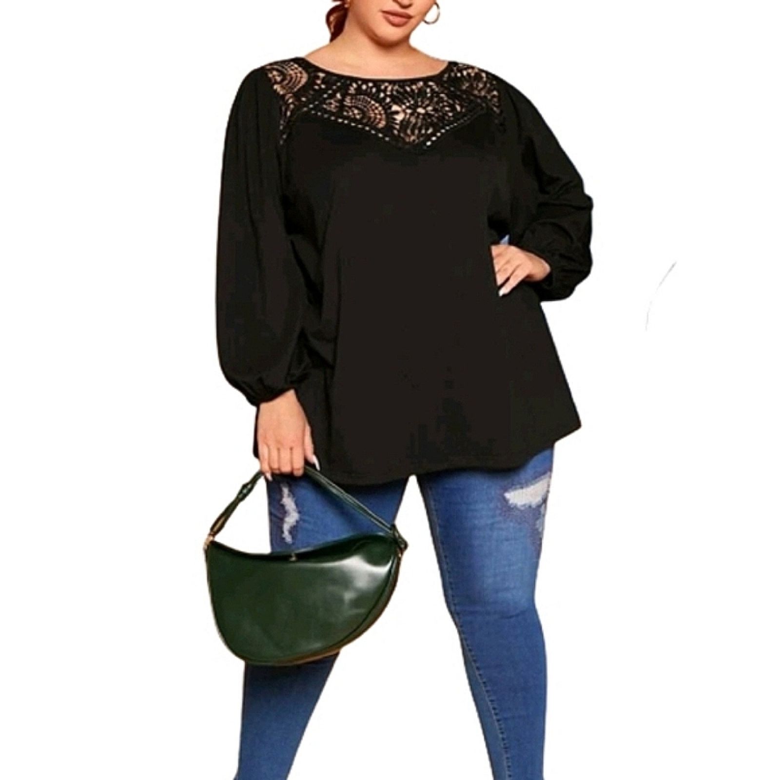 Shein CROCHET YOKE ☆ BLACK ☆ LANTERN SLEEVE TOP ☆ 22w ☆ NWT Size 3XL / US 20-22 - 7 Thumbnail