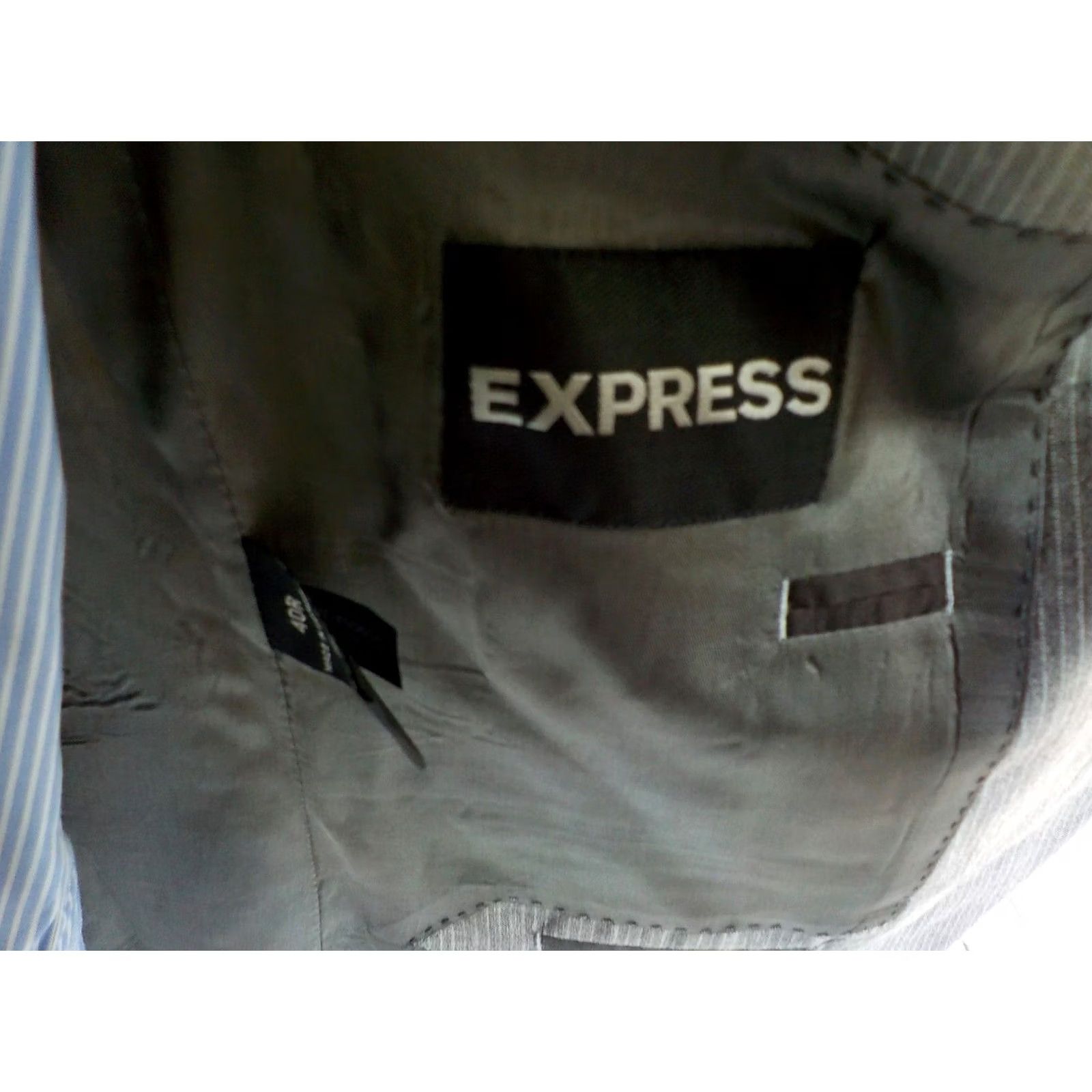 Express EXPRESS Gray Pinstriped 2 Button Notch Collar Suit 40R 34x31 Mens Wool Blend 2 Piece Size 40R - 6 Thumbnail