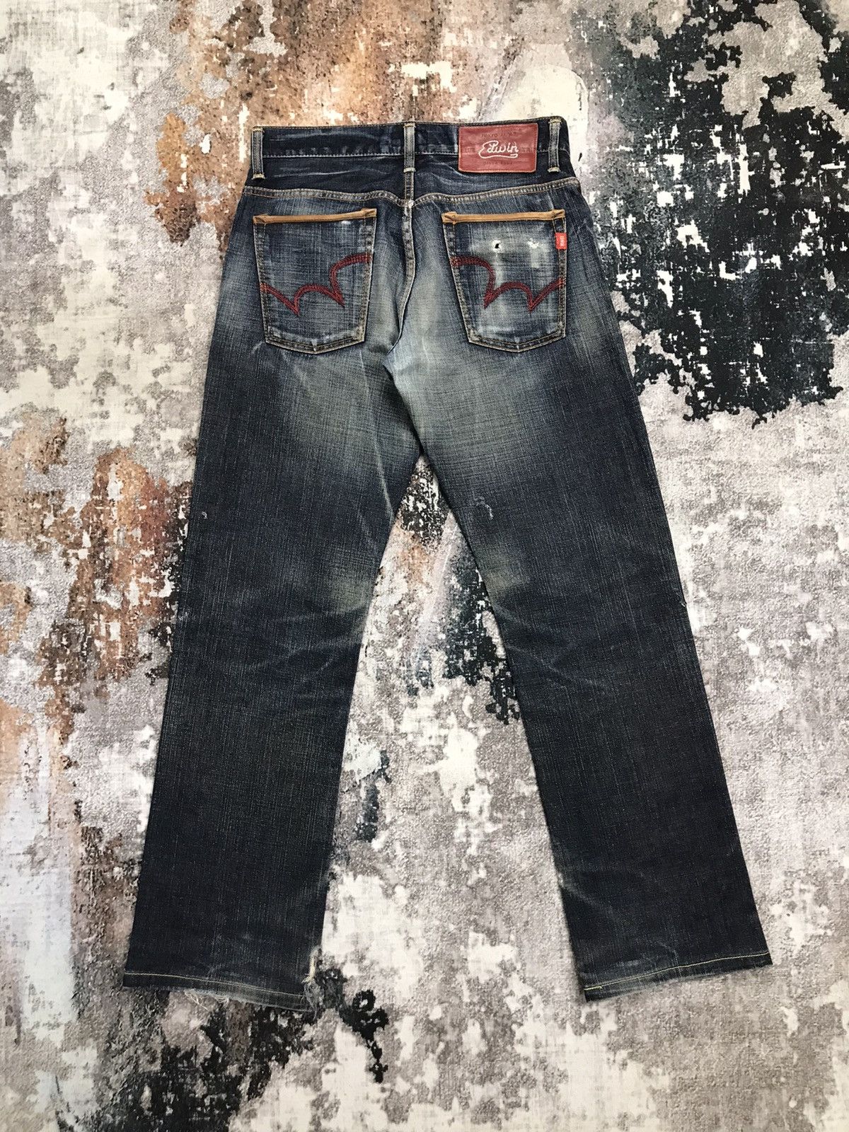 image of Vintage Edwin Blue Trip Distressed Denim Blue Jeans, Men's (Size 31)