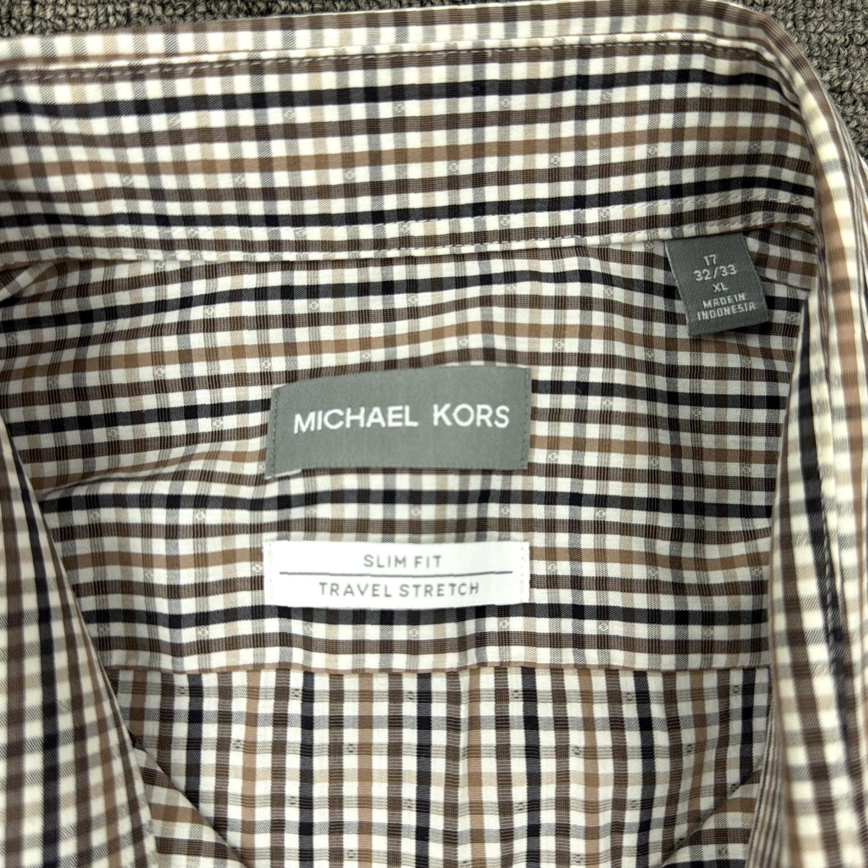 Michael Kors VINTAGE? No. Michael Kors Shirt Mens 17 32/33 Brown Check Dress Slim Fit Travel Stretch Shirt Mens XL Brown Check Dress Shirt Womens? Size 46R - 3 Thumbnail