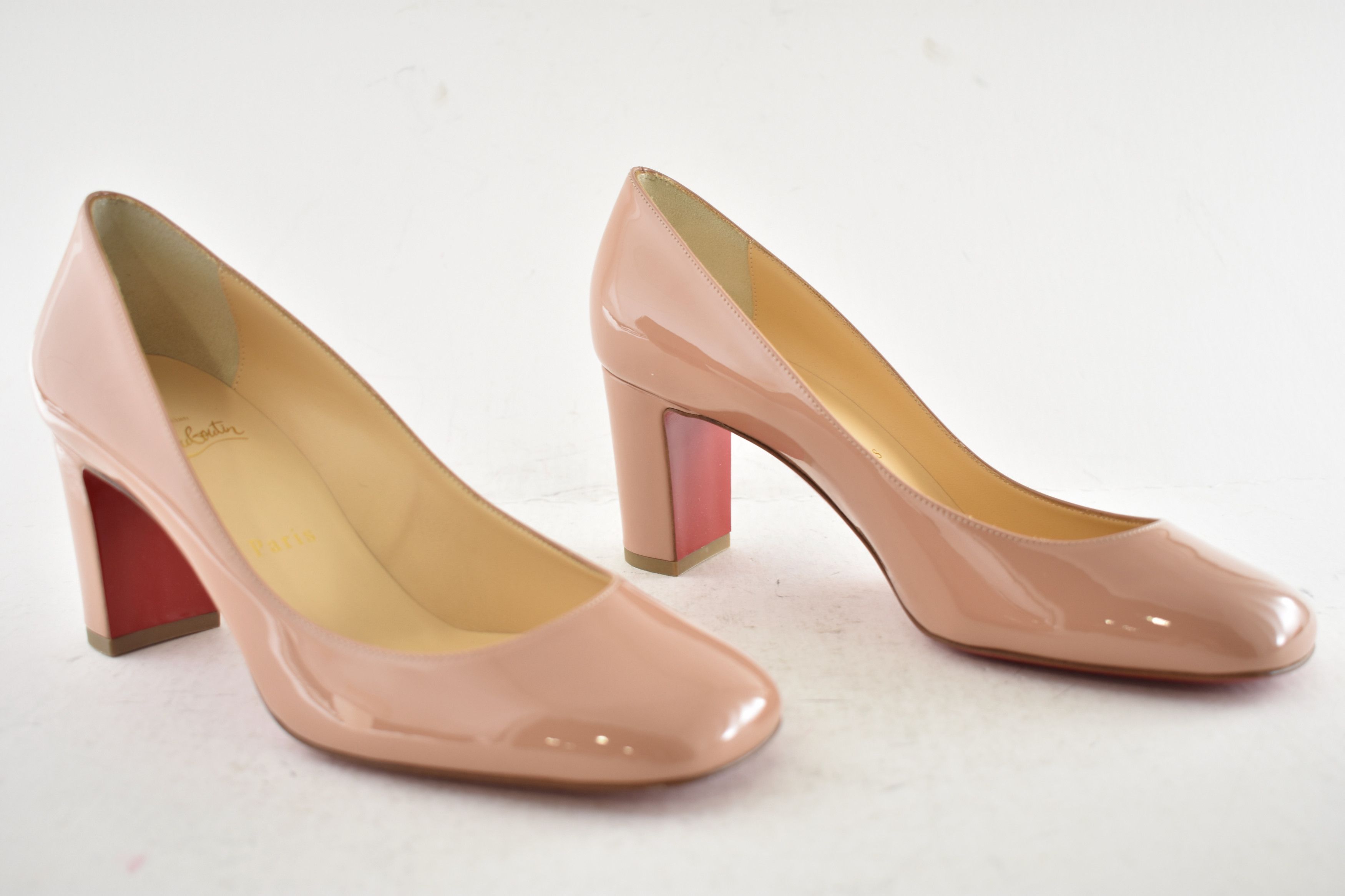 Christian Louboutin Cadrilla 70 Nude Blush Patent Leather Block Heel Pump 40 Size US 10 / IT 40 - 4 Thumbnail