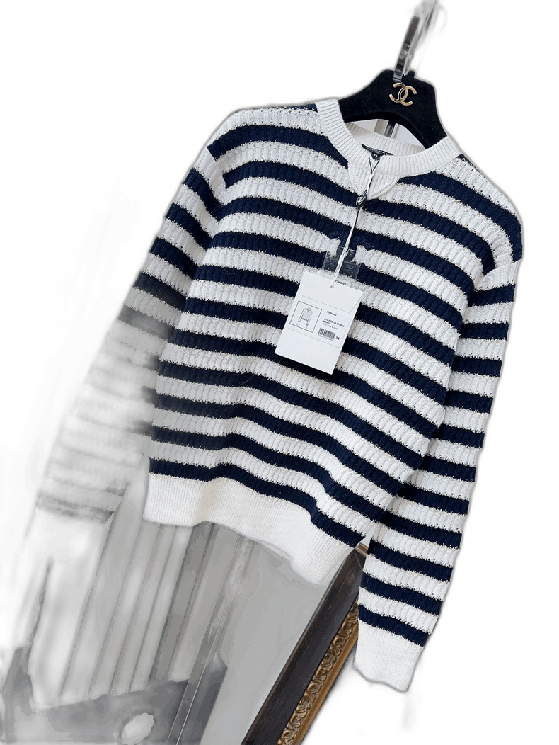 Chanel Chanel Blue White Stripe Sequin Knit Sweater Size M / US 6-8 / IT 42-44 - 1 Thumbnail
