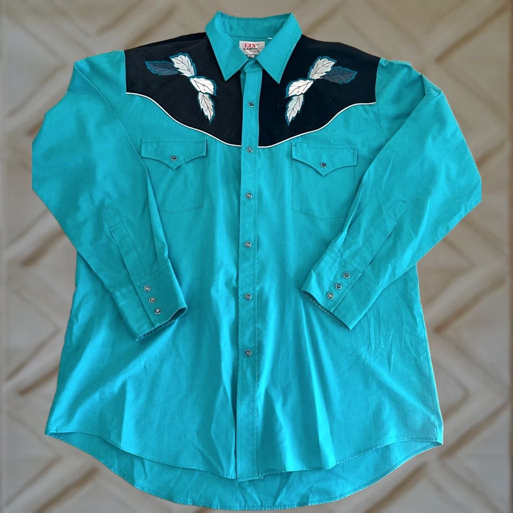 Vintage VINTAGE 80s Pearl Snap Western Shirt Ely Diamond Turquoise Black Embroidered L Shirt Mens Small? Size US L / EU 52-54 / 3 - 1 Thumbnail