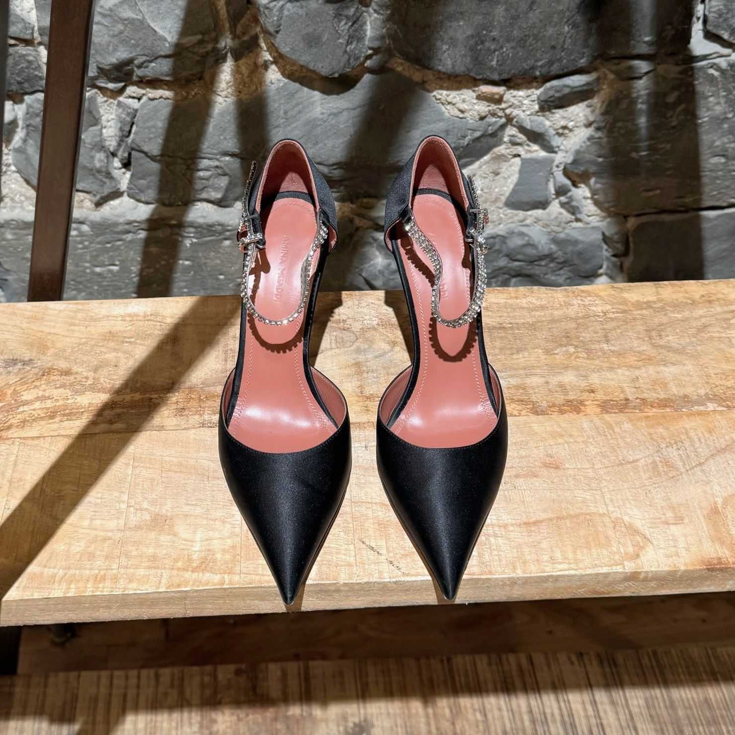 Amina Muaddi Amina Muaddi SS21 Ursina Black Satin Crystal Ankle Pumps Size US 9 / IT 39 - 3 Thumbnail