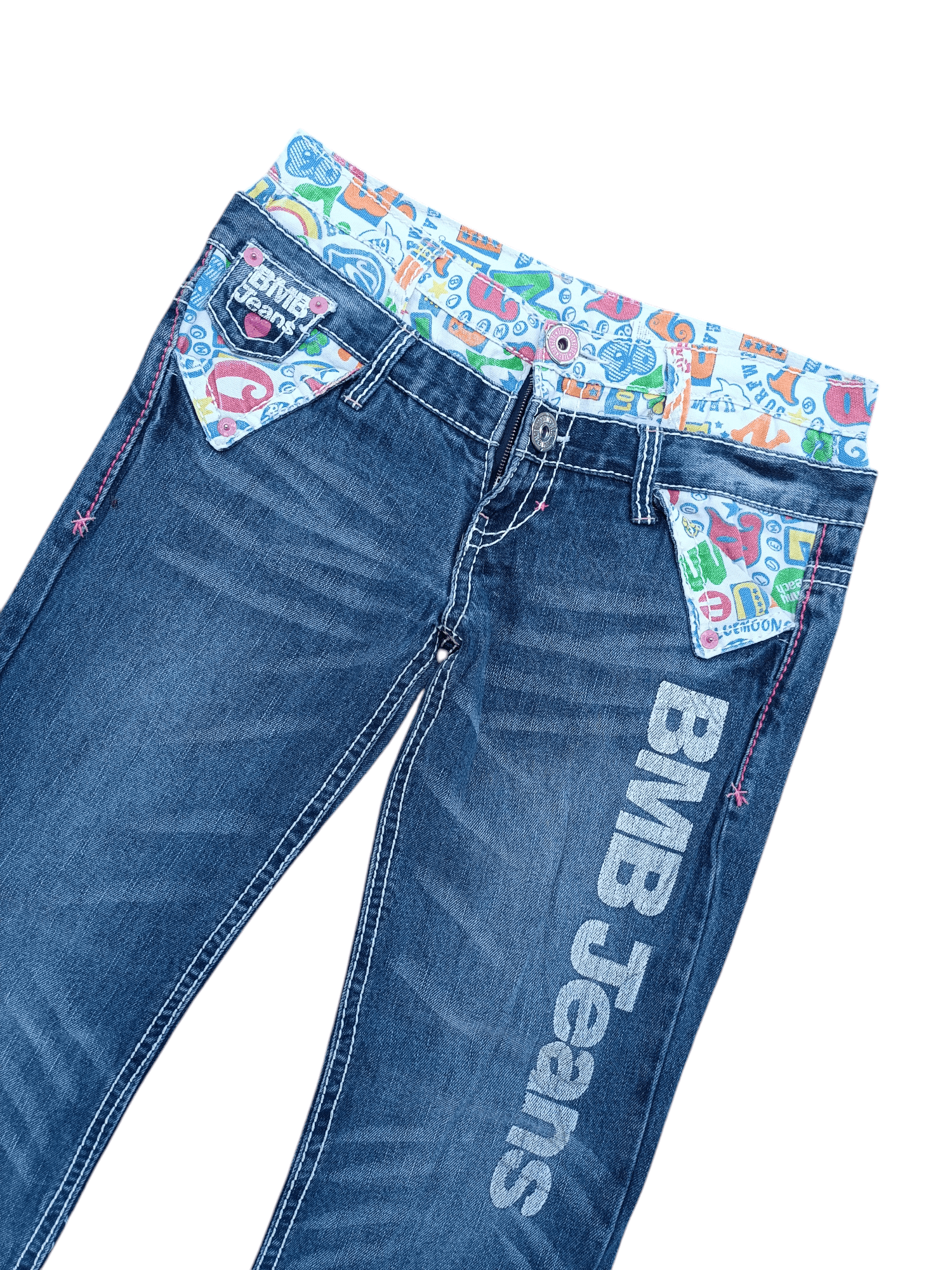 Designer VTG🔥BLUE MOON BLUE Double Waist Big Logo Paint Design Denim Size US 34 / EU 50 - 2 Thumbnail