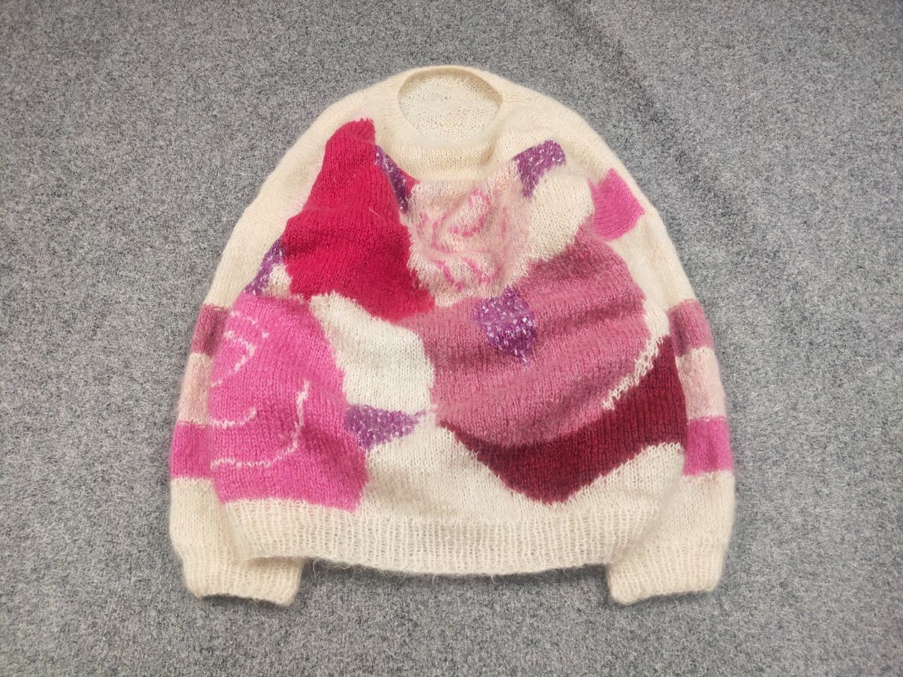 Japanese Brand Vintage 80's Hand knitted Design Mohair Pink Beige Sweater Size XL / US 12-14 / IT 48-50 - 2 Thumbnail