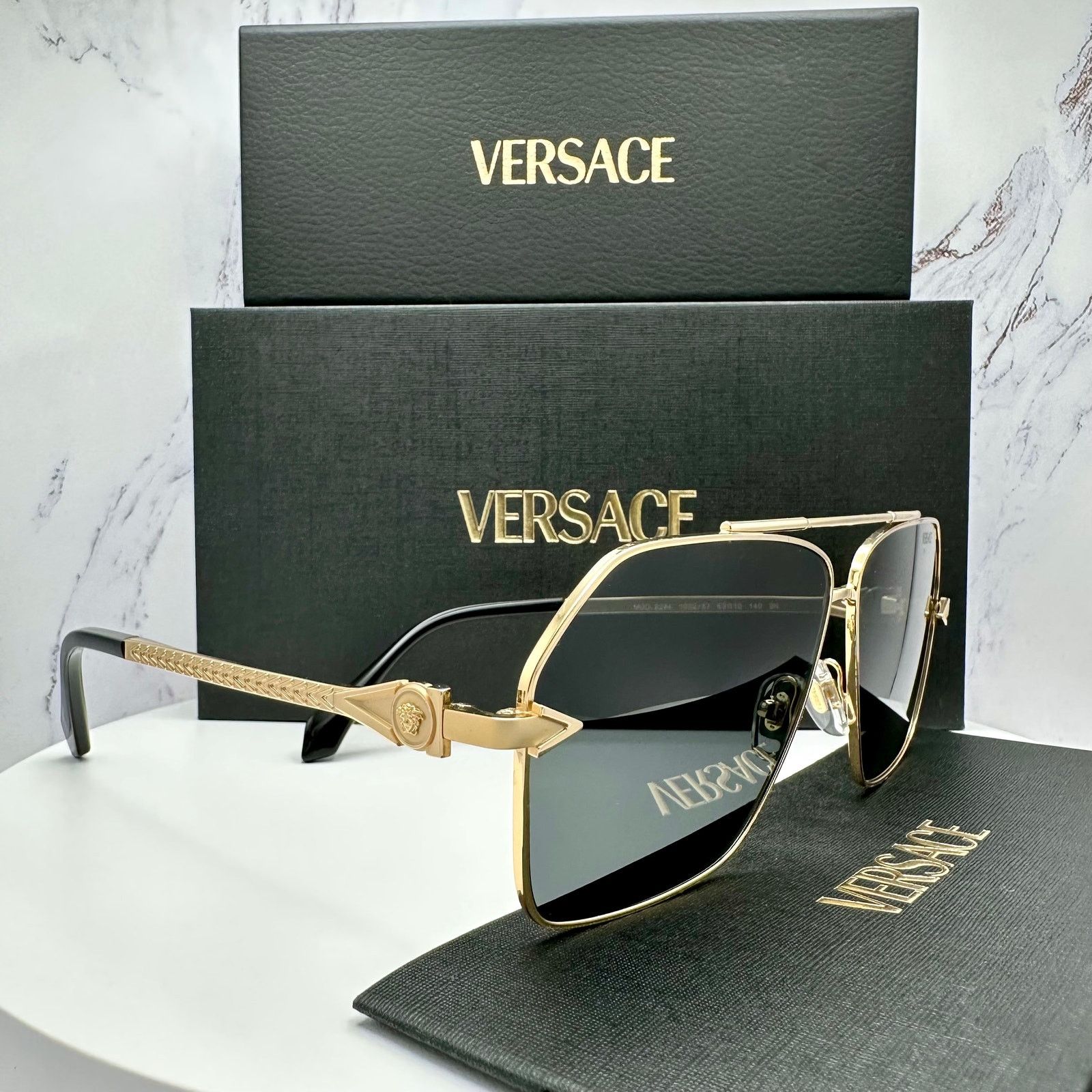 New VERSACE Gold Metal Square Pilot Aviator Sunglasses