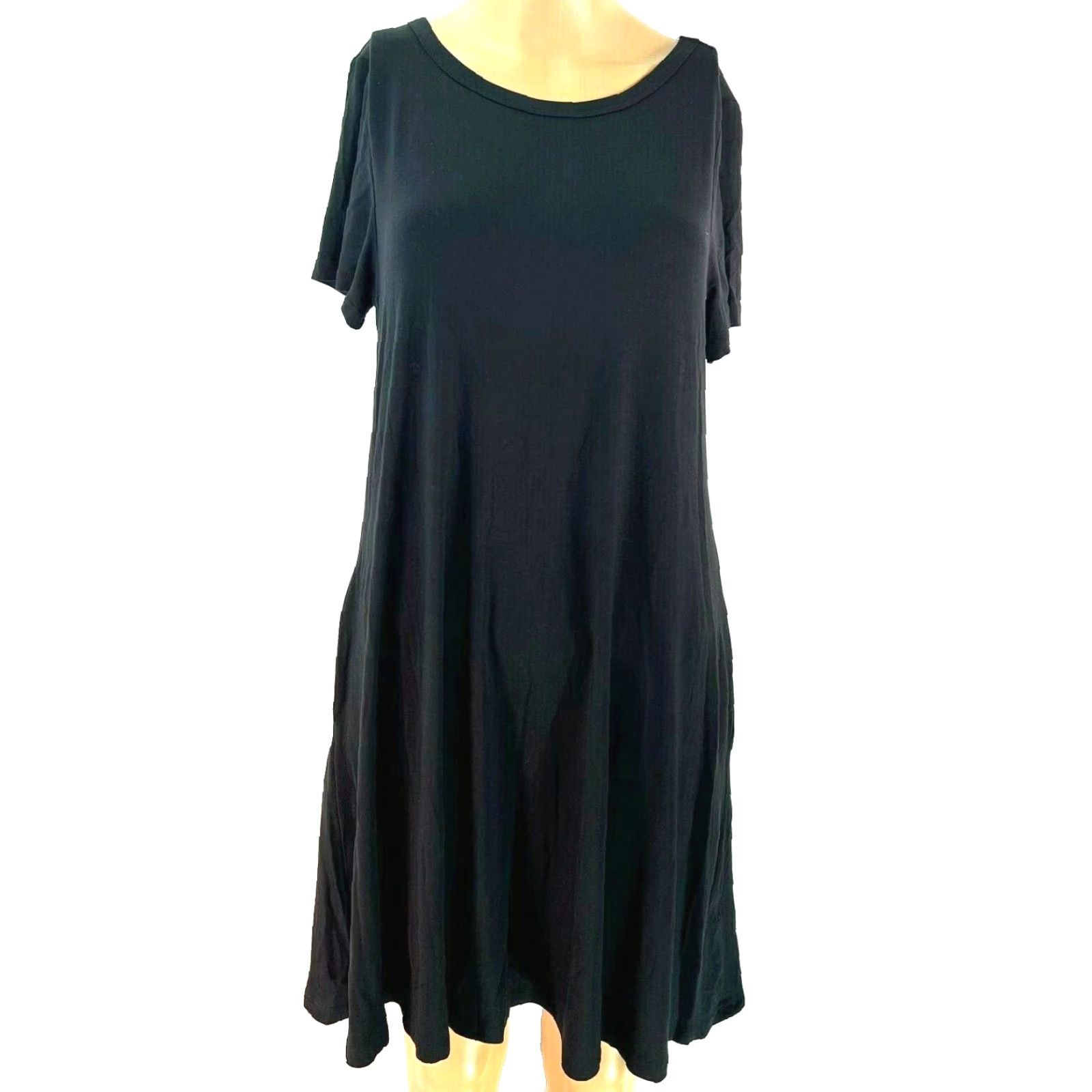 Vintage Korsis Black Midi Dress Shirt Women Short Sleeves Pullover Round Neck 34 in Knee Length 95% Rayon 5% Spandex Solid Casual Dress Size M / US 6-8 / IT 42-44 - 2 Thumbnail