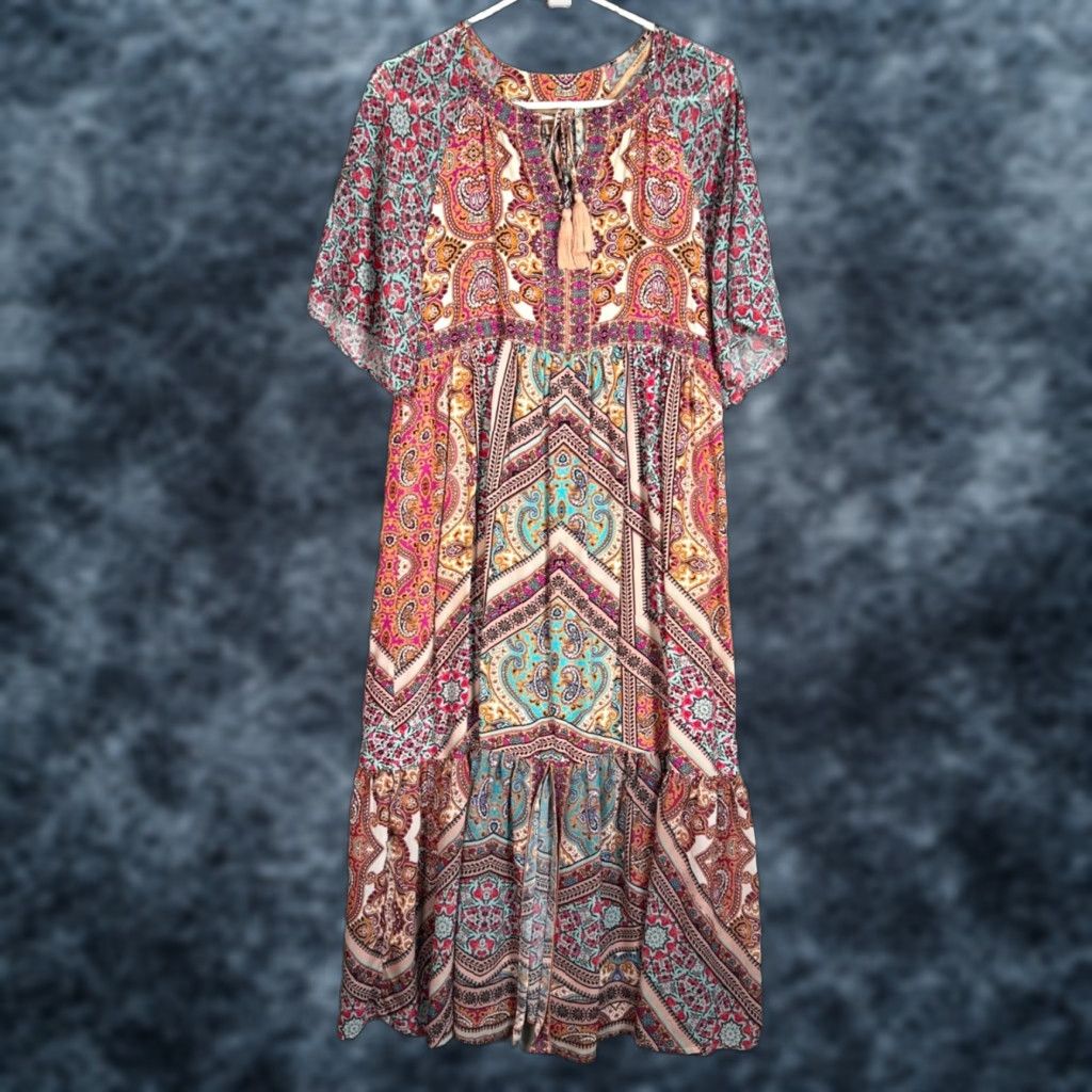 Vintage Kachel Womens XS Boho Patterned Maxi Dress with Tassels & Flowy Fit - Floral V-Neck Long Summer Casual Size XS / US 0-2 / IT 36-38 - 1 Thumbnail