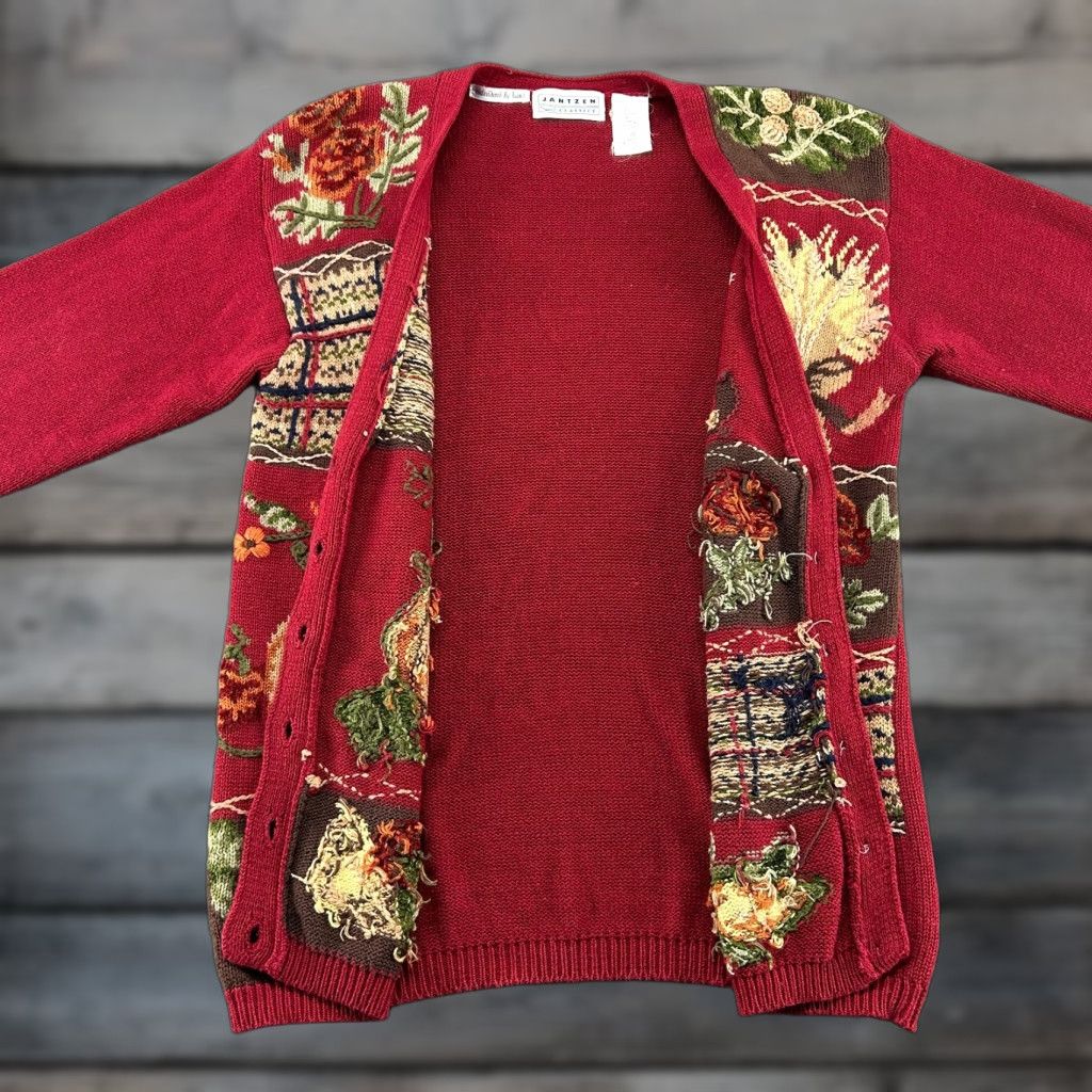 Jantzen VINTAGE Jantzen Sweater Cardigan Womens L Red Embroidered Cable-Knit Crew Neck Long Sleeve Autumn 90s Womens Size L / US 10 / IT 46 - 1 Thumbnail