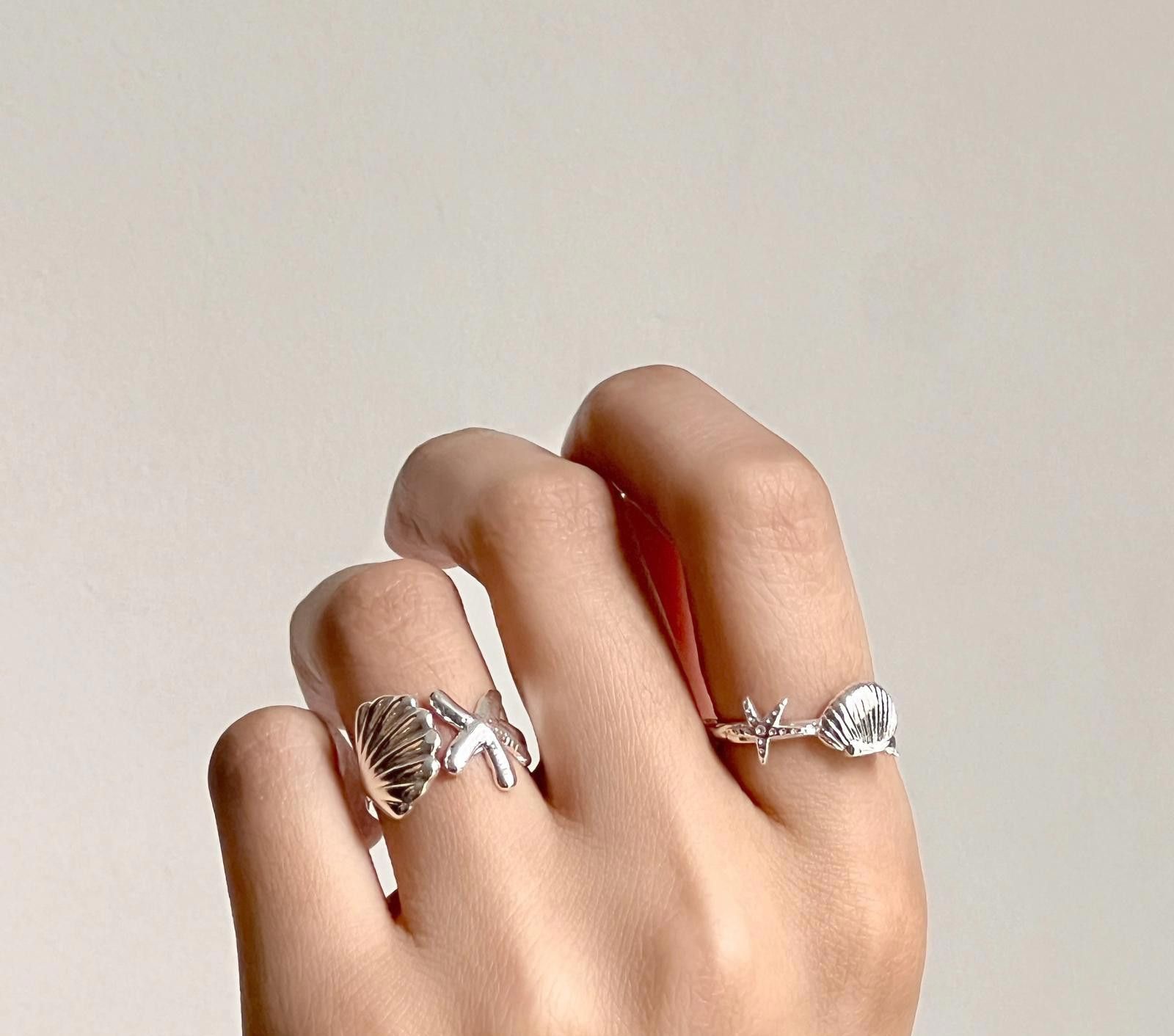 Jewelry Silver Shell and Starfish Open Band Rings, Adjustable Size ONE SIZE - 1 Thumbnail