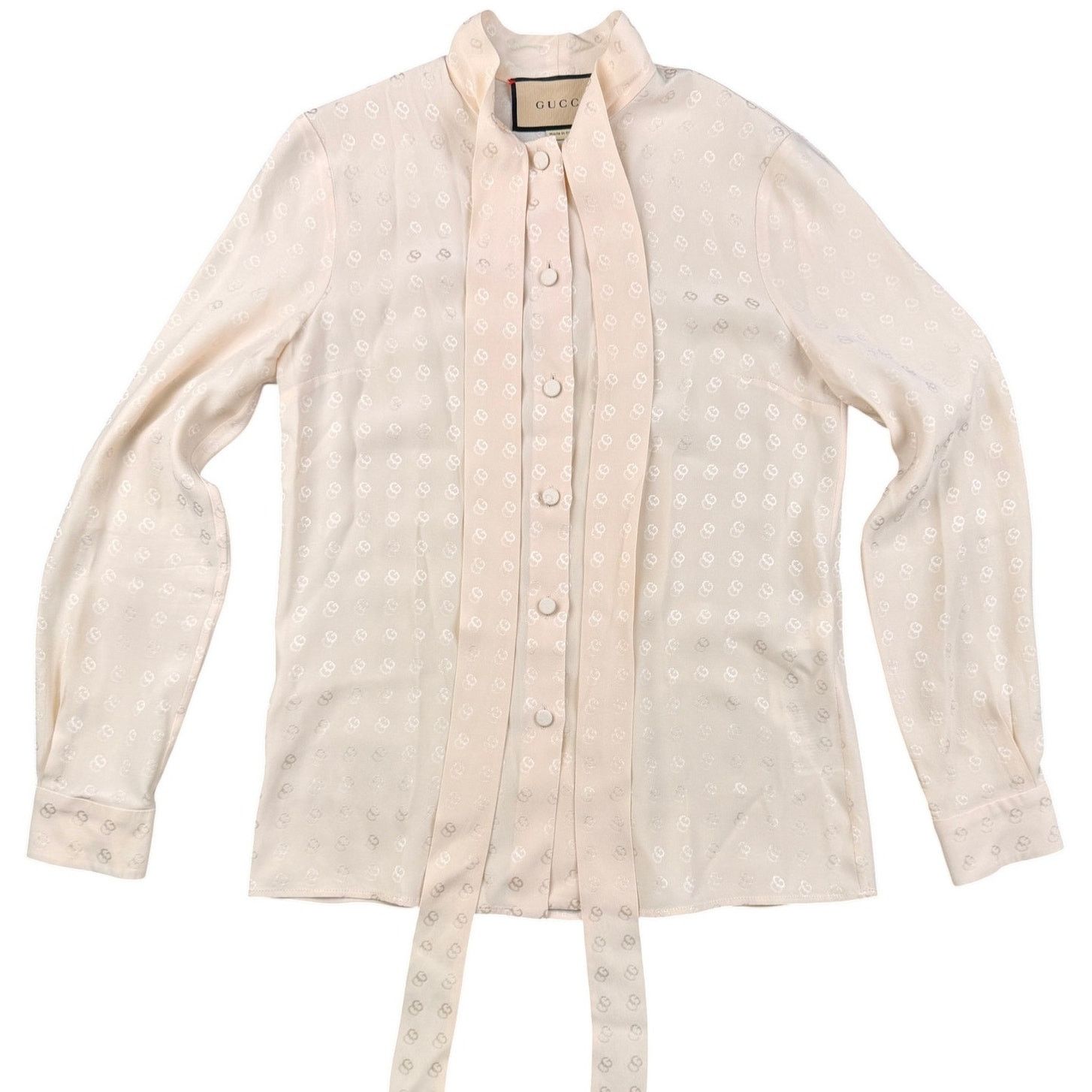 Gucci Gucci Ecru GG silk jacquard blouse, self-tie neck bow Sz 36 Size XS / US 0-2 / IT 36-38 - 1 Thumbnail
