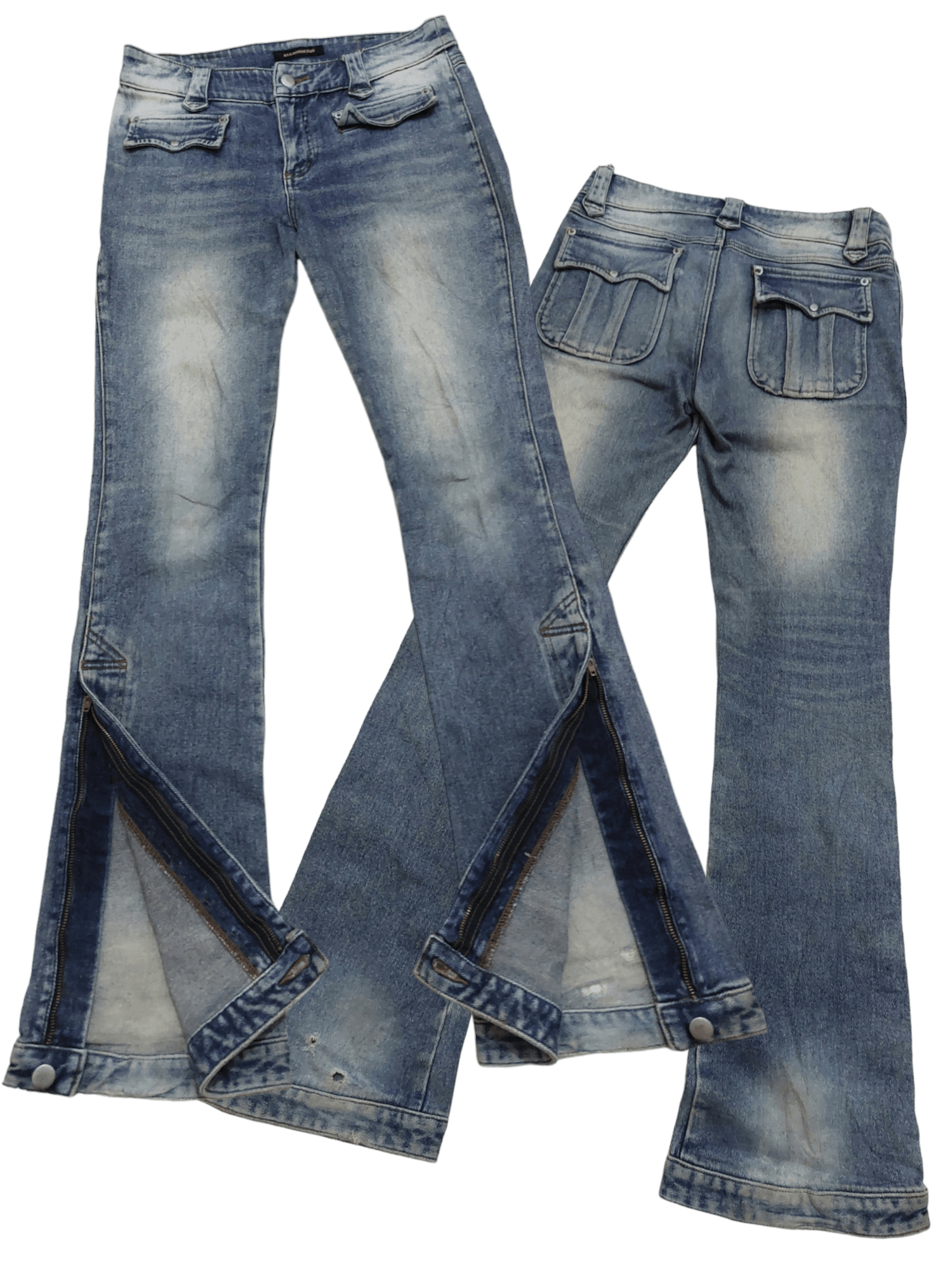 image of Designer Algonquins Wide Leg Zipper Low Rise Unisex Pants in Blue Denim, Men's (Size 30)