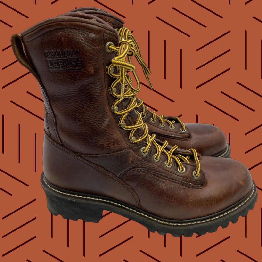 LEHIGH INSULATED TALL LINEMEN BOOTS STEEL TOE WORKBOOTS ANSI Z71 10W Leather Brown Lace Up Men Boots