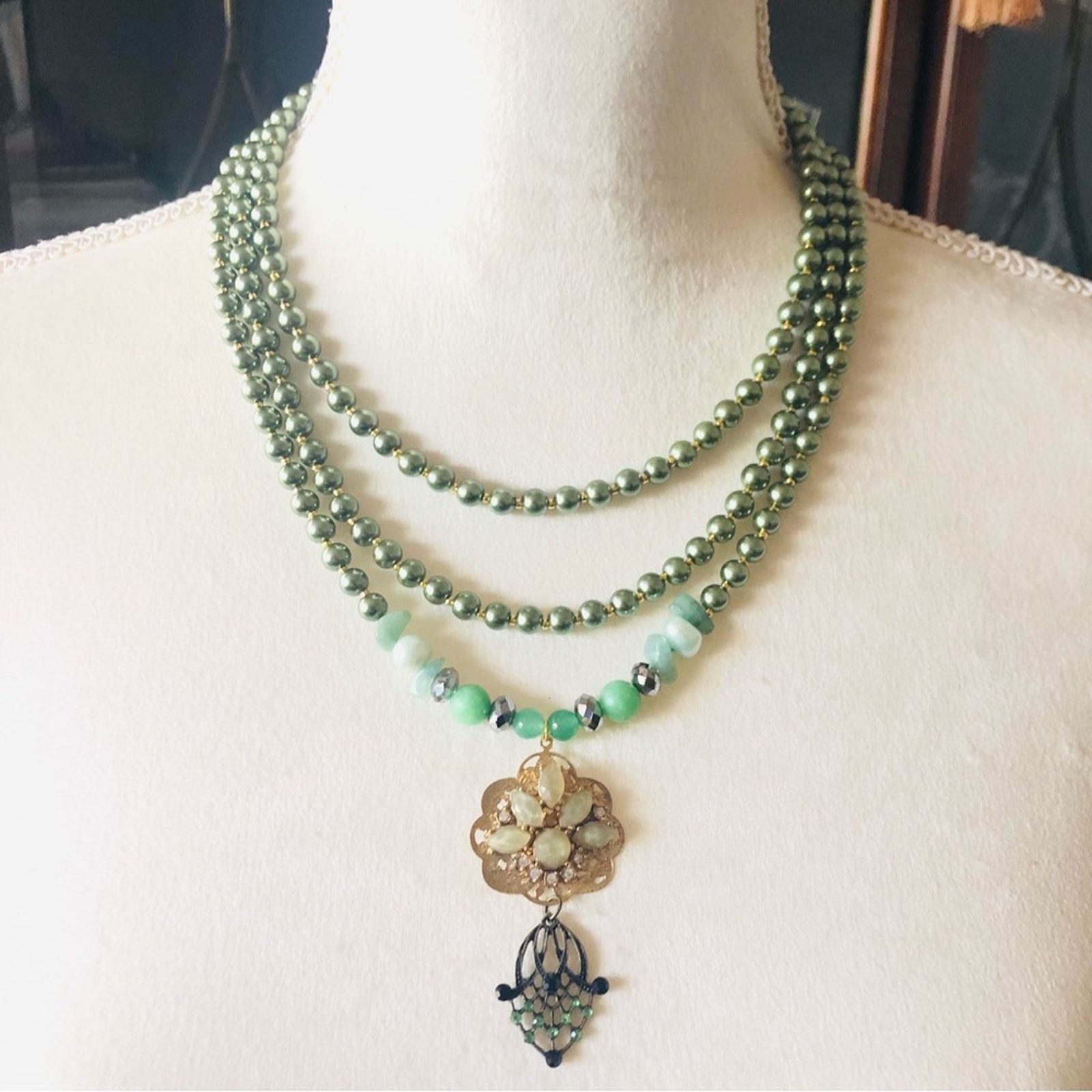 Handmade Handcrafted repurpose aventurine Czech glass Pearl necklace Size ONE SIZE - 2 Thumbnail