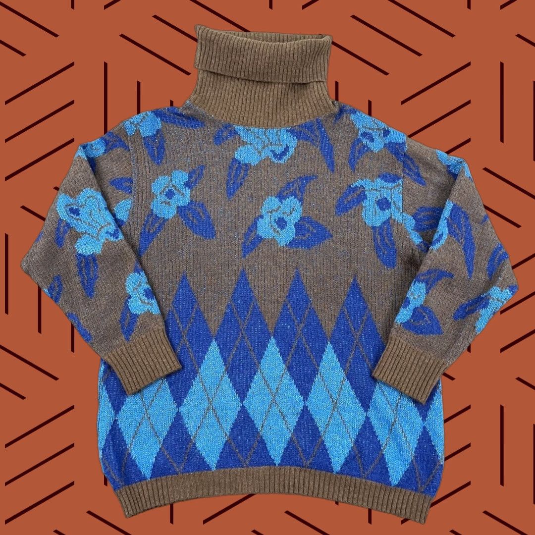 Walls STRICKWAREN de Wall Sweater L/XL Women Brown Blue Floral Argyle Lambswool Jumper Size L / US 10 / IT 46 - 1 Thumbnail