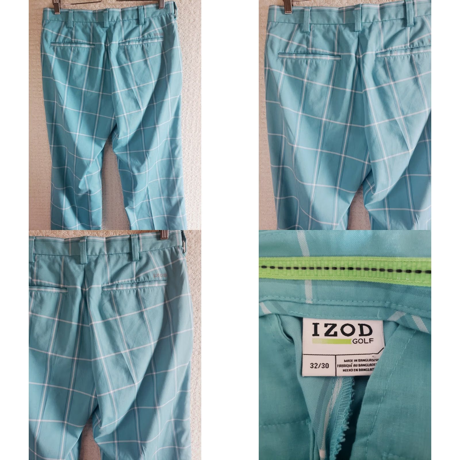 Izod Izod Golf Pants Men 32x30 Teal Blue-White Check Stretch Microfiber Slimming Pockets Zip Flat Front Regular Inseam 30" Machine Washable Size US 32 / EU 48 - 8 Thumbnail