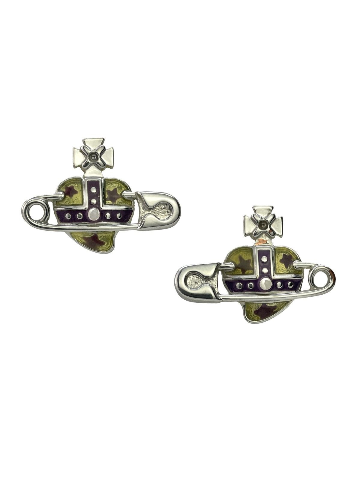 image of Vivienne Westwood Safety Pin Heart Orb Earrings in Green, Men's