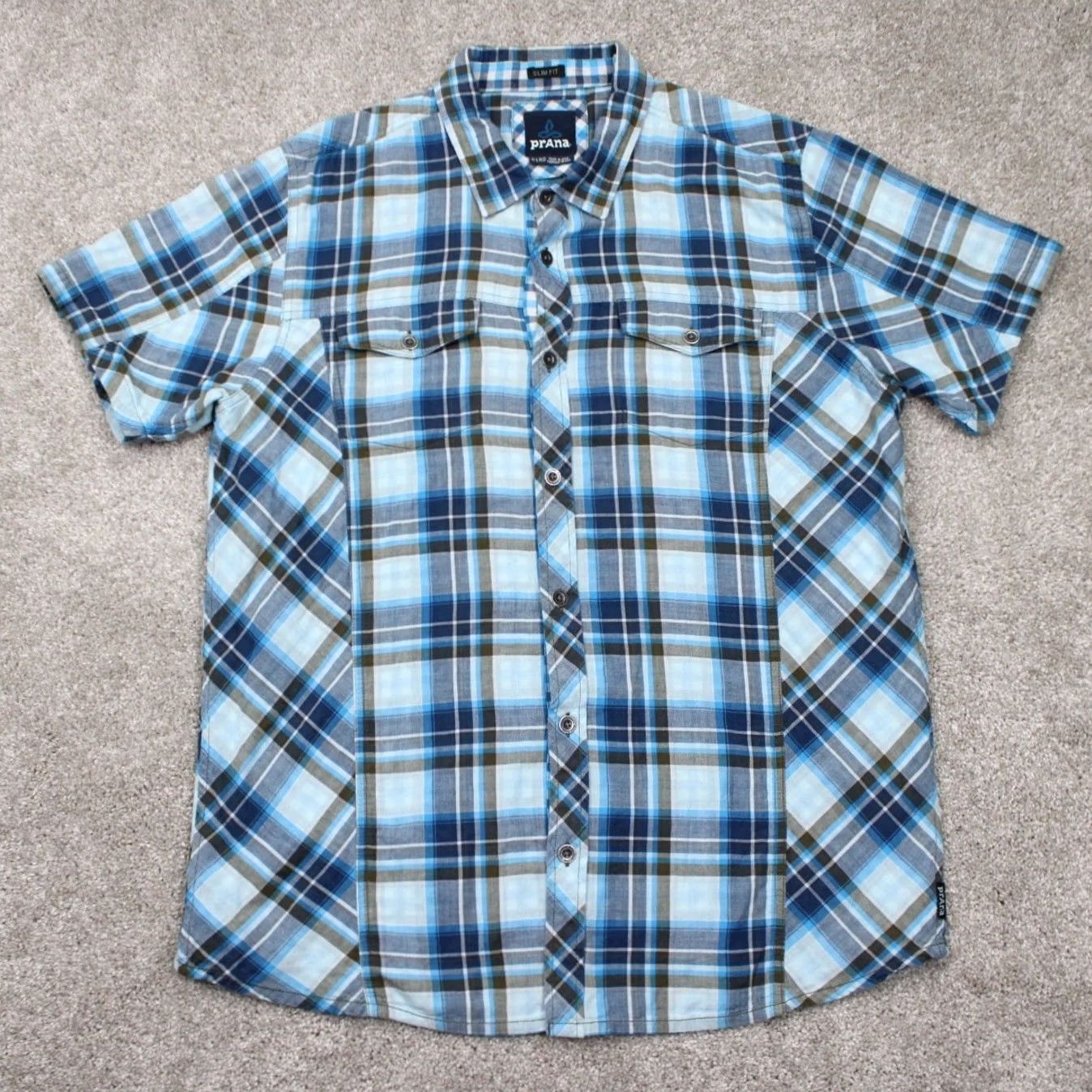 Prana prAna Zoltan Shirt Men XL Blue/White Slim Fit Organic Cotton Short Sleeve Button-Up Shirt Size US XL / EU 56 / 4 - 2 Thumbnail